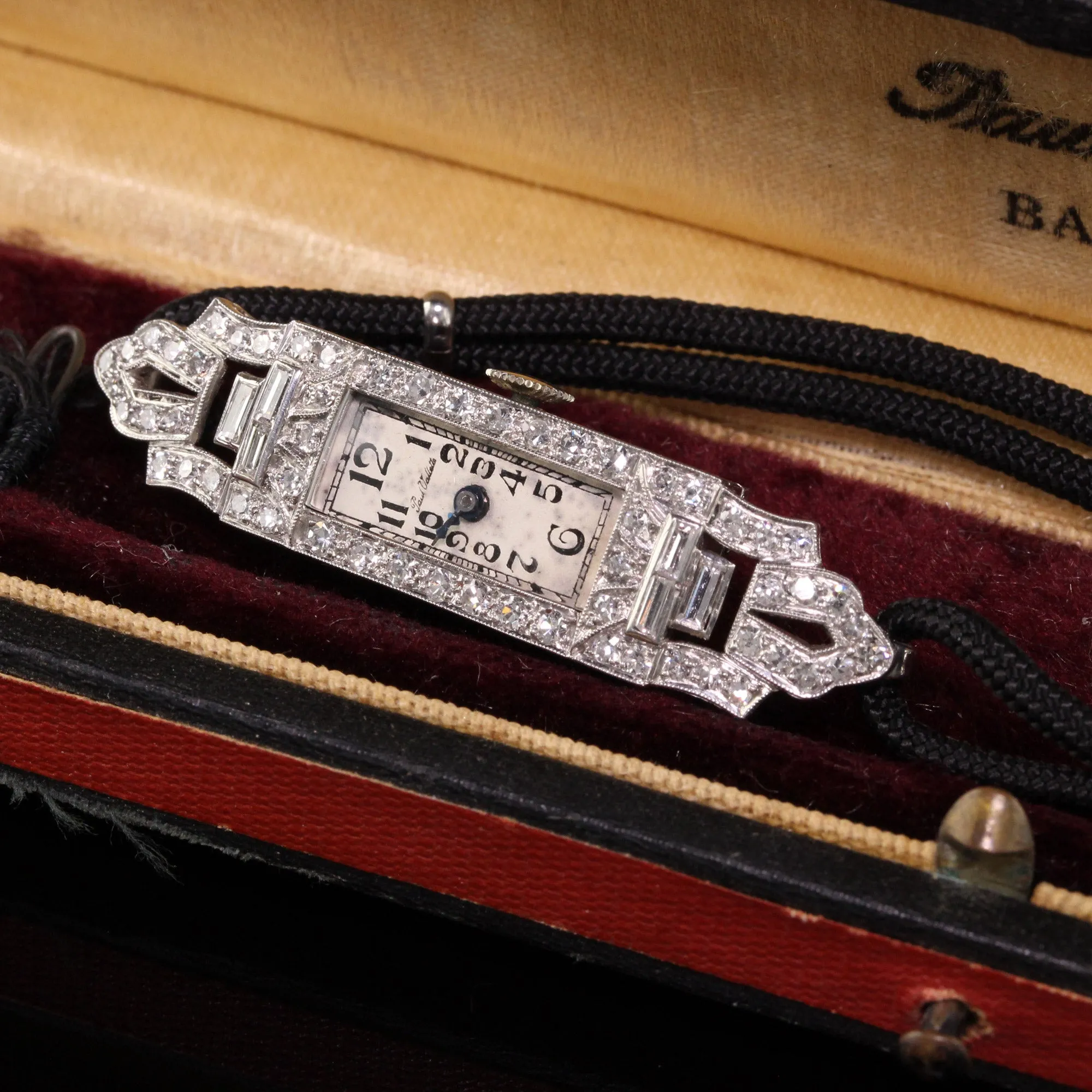 Antique Art Deco Platinum Paul Vallette Diamond Baguette Evening Watch