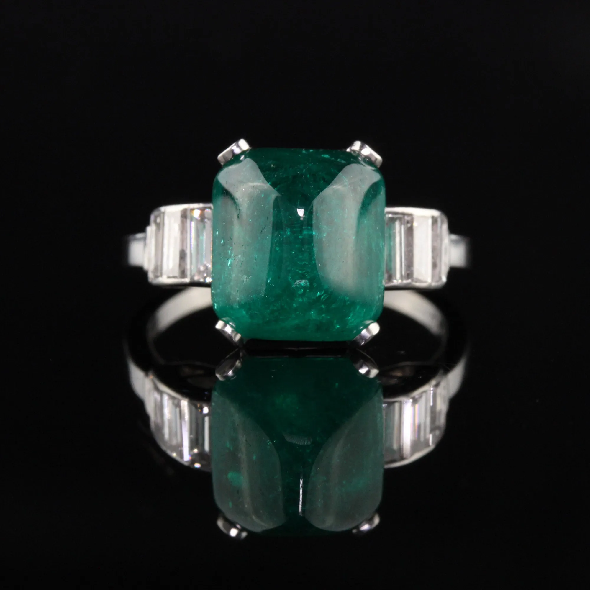 Antique Art Deco Platinum Sugarloaf Emerald and Baguette Diamond Ring - GIA