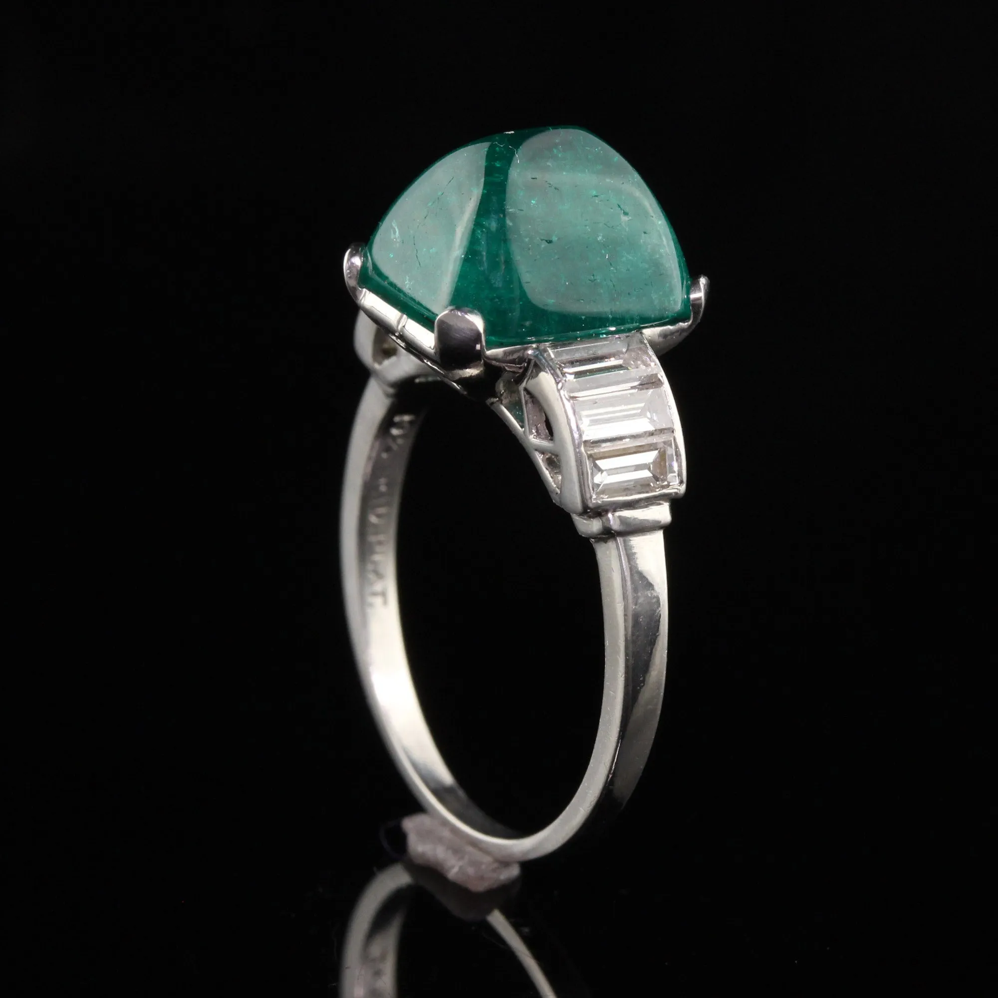 Antique Art Deco Platinum Sugarloaf Emerald and Baguette Diamond Ring - GIA