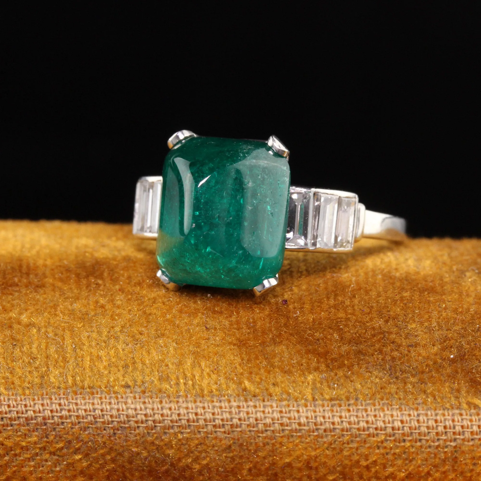 Antique Art Deco Platinum Sugarloaf Emerald and Baguette Diamond Ring - GIA