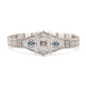 Antique Art Deco White Gold, Diamond, and Sapphire Bracelet - 7" Length