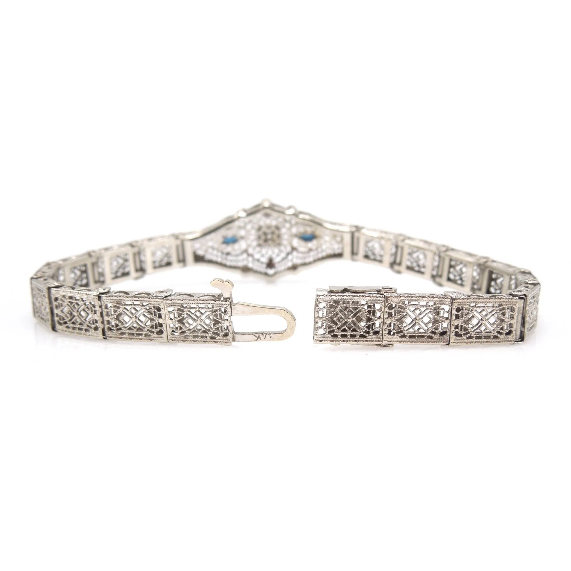 Antique Art Deco White Gold, Diamond, and Sapphire Bracelet - 7" Length