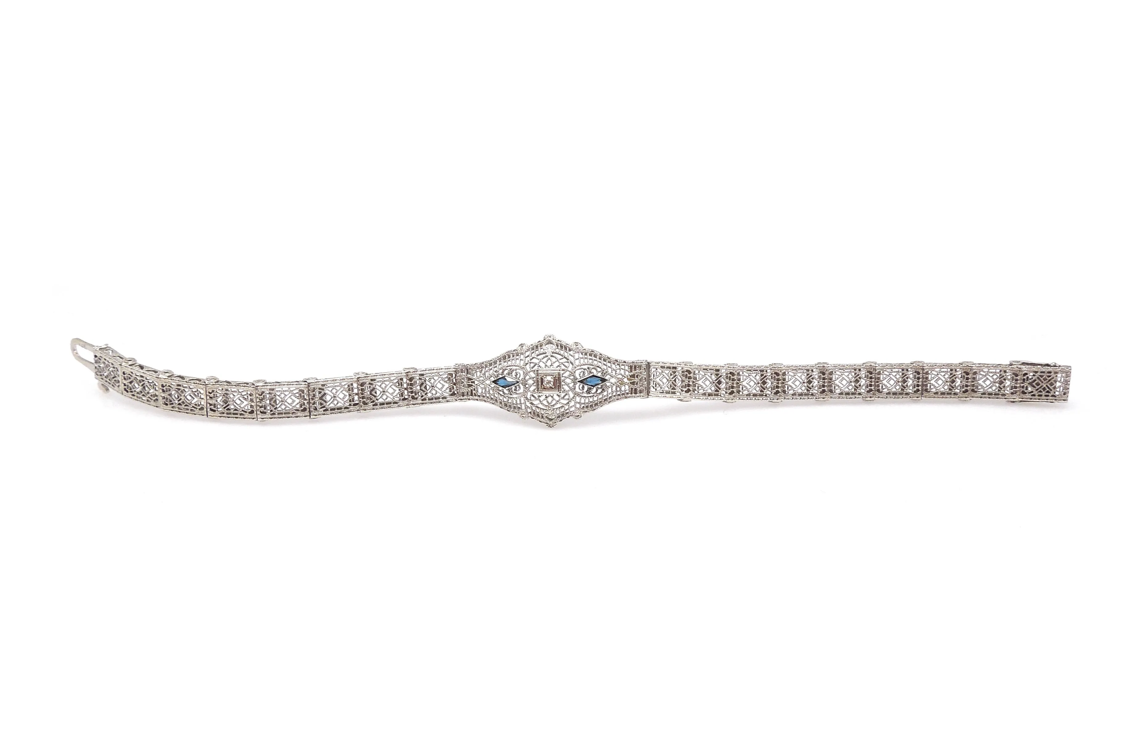 Antique Art Deco White Gold, Diamond, and Sapphire Bracelet - 7" Length
