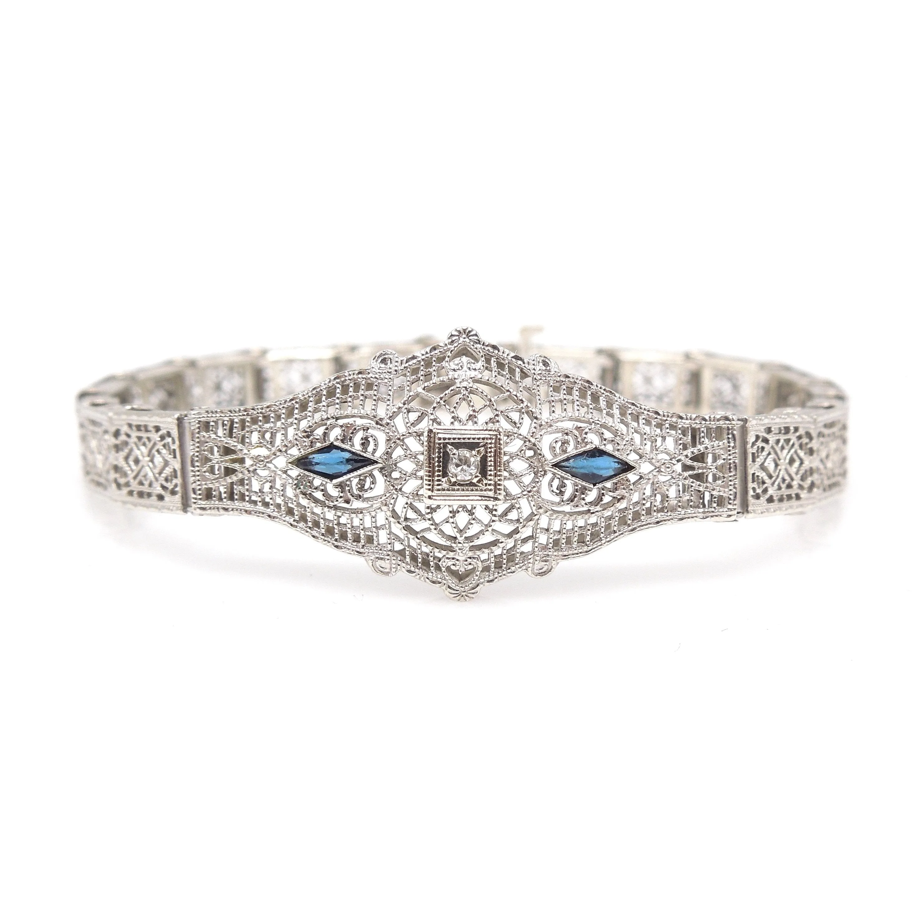 Antique Art Deco White Gold, Diamond, and Sapphire Bracelet - 7" Length