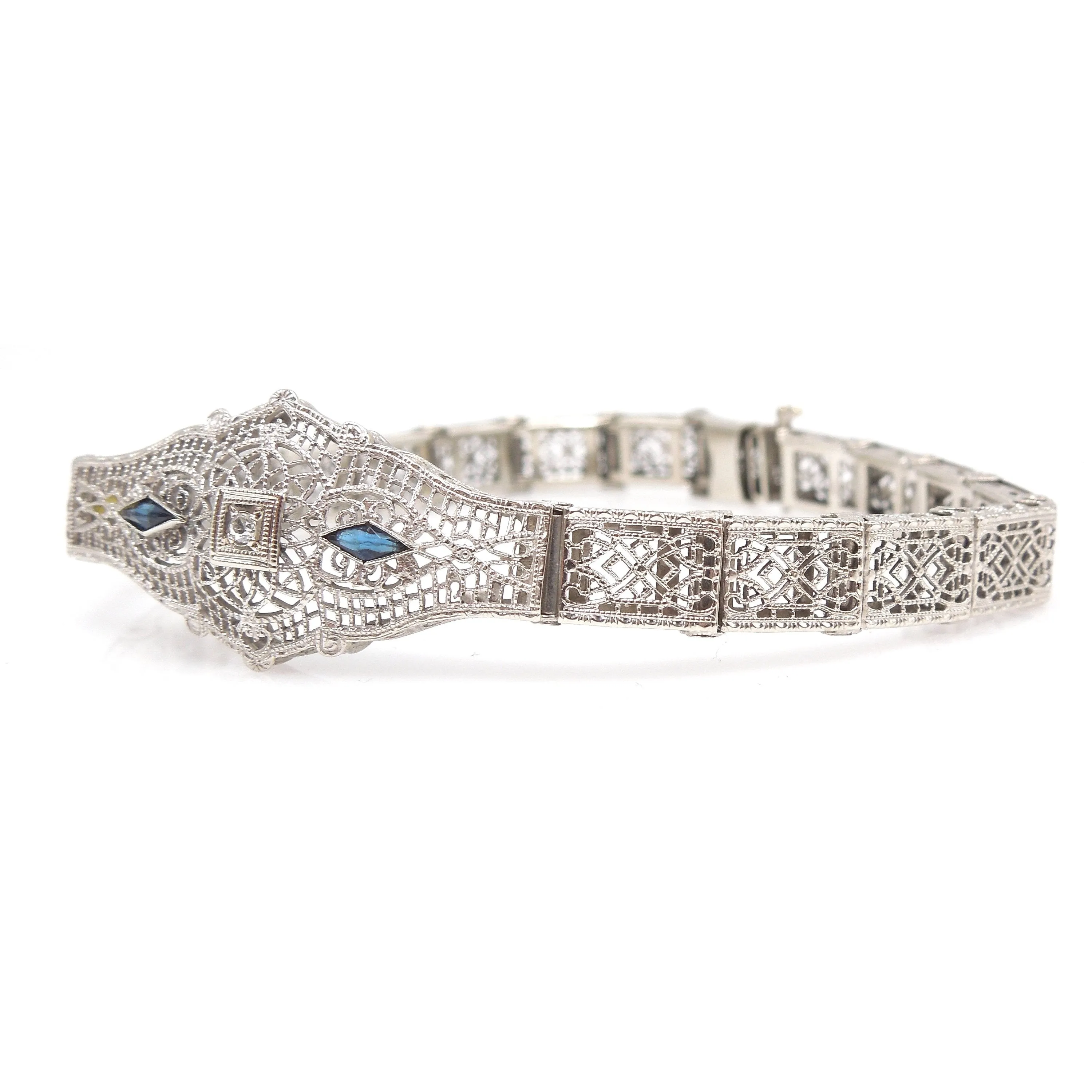 Antique Art Deco White Gold, Diamond, and Sapphire Bracelet - 7" Length