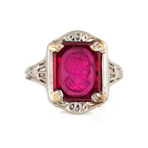 Antique Deco Intaglio Ring Bust Vintage 14k White Gold Filigree Jewelry Carved