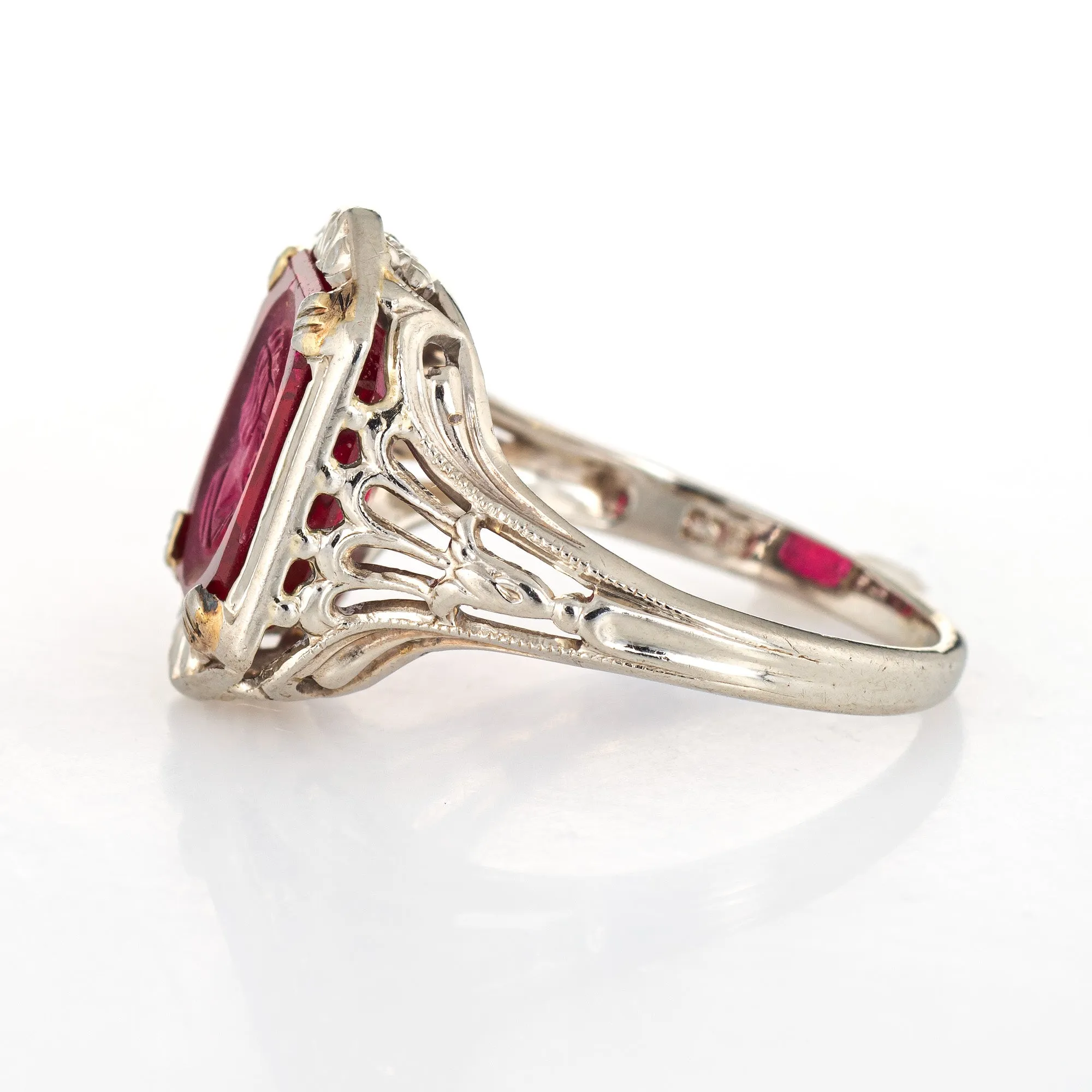 Antique Deco Intaglio Ring Bust Vintage 14k White Gold Filigree Jewelry Carved