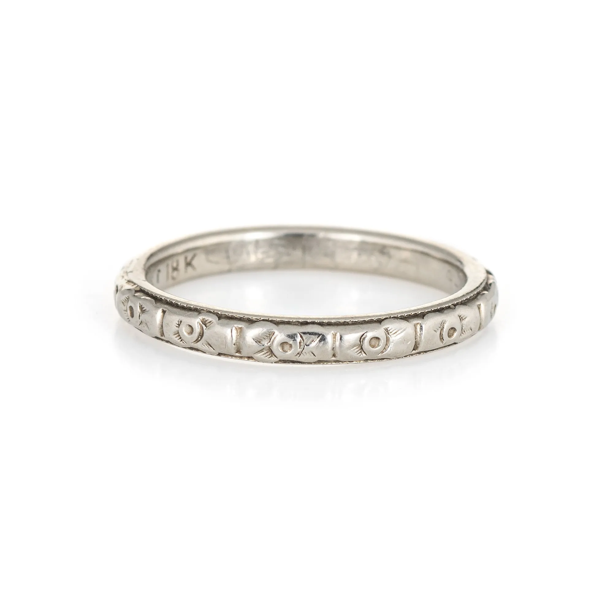 Antique Deco Wedding Band Sz 4 Pinky 18k White Gold Embossed Flowers Vintage