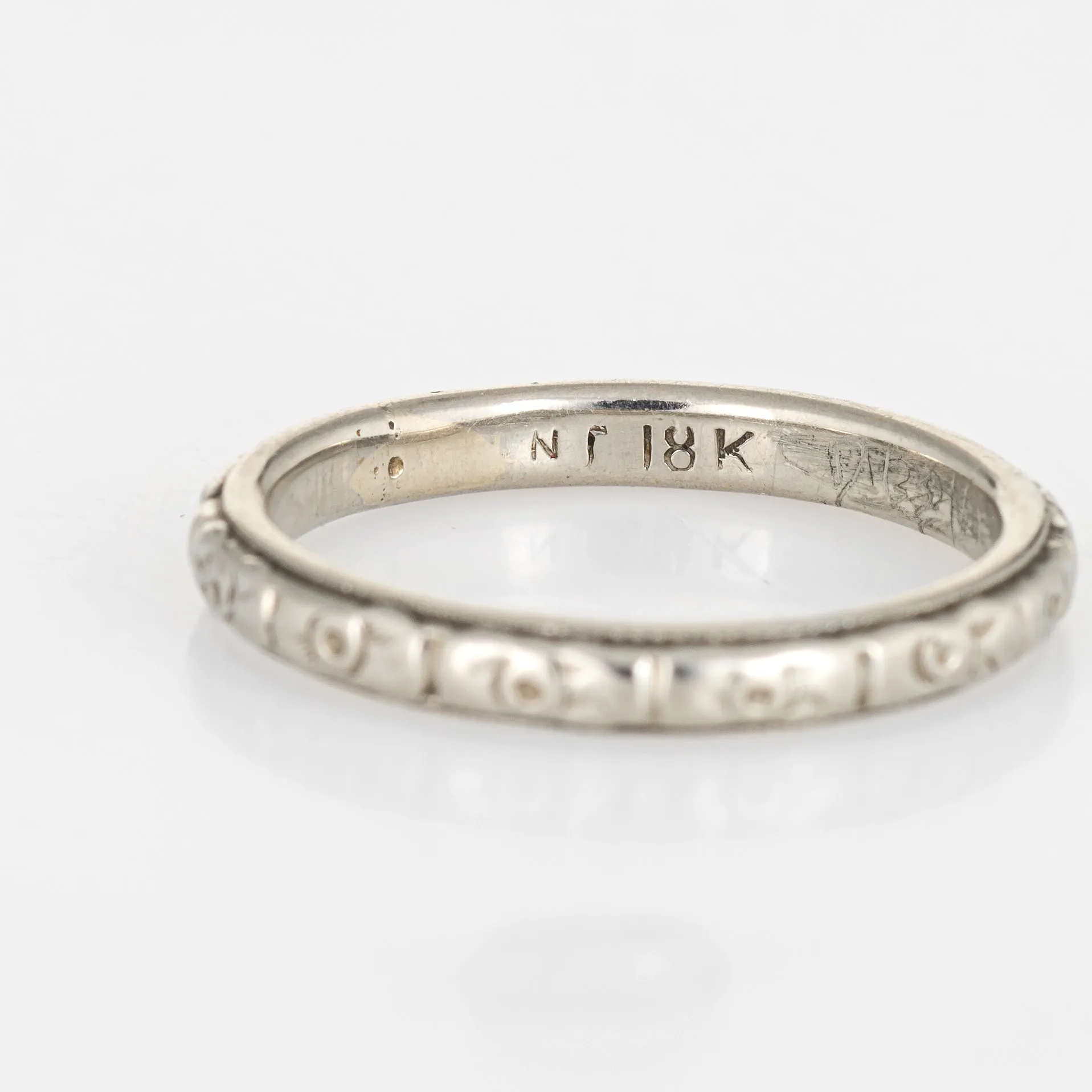 Antique Deco Wedding Band Sz 4 Pinky 18k White Gold Embossed Flowers Vintage