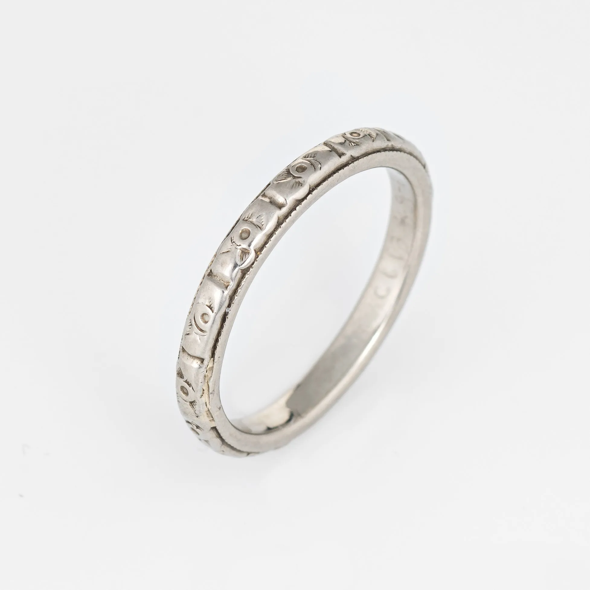 Antique Deco Wedding Band Sz 4 Pinky 18k White Gold Embossed Flowers Vintage