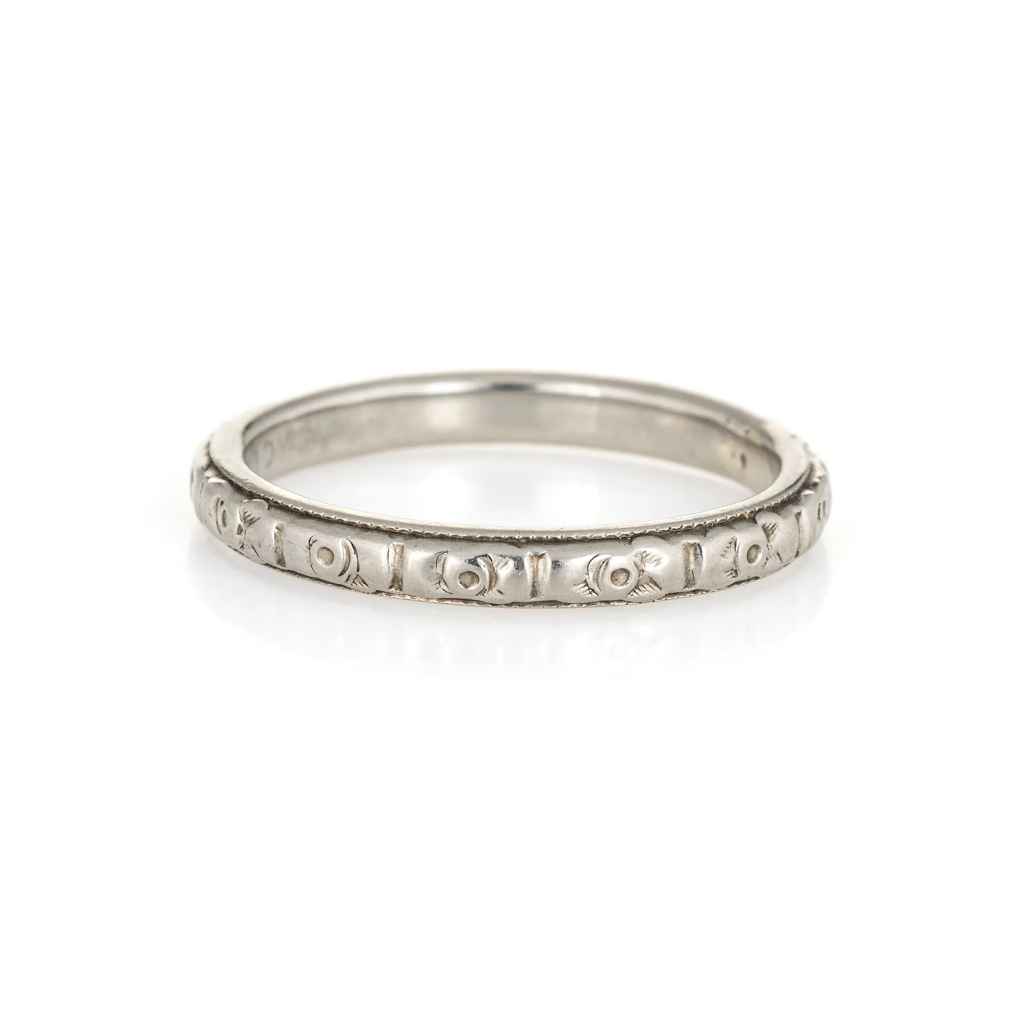 Antique Deco Wedding Band Sz 4 Pinky 18k White Gold Embossed Flowers Vintage
