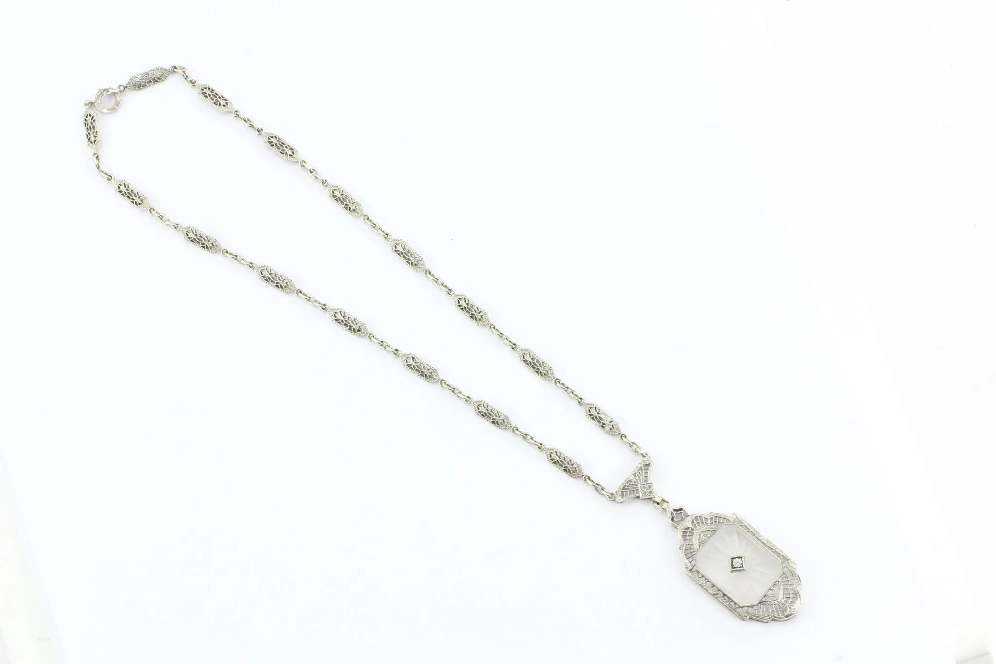 Antique L Fritschze & Co 14K White Gold Art Deco Camphor Diamond Necklace Signed
