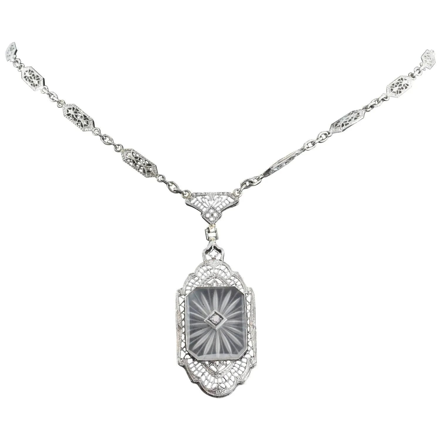 Antique L Fritschze & Co 14K White Gold Art Deco Camphor Diamond Necklace Signed