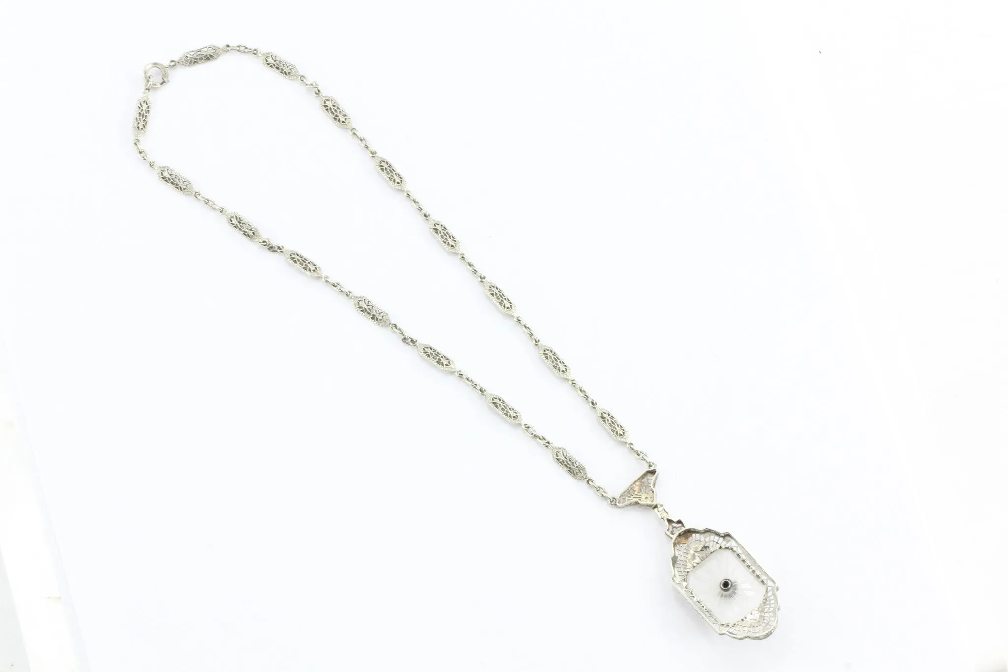 Antique L Fritschze & Co 14K White Gold Art Deco Camphor Diamond Necklace Signed