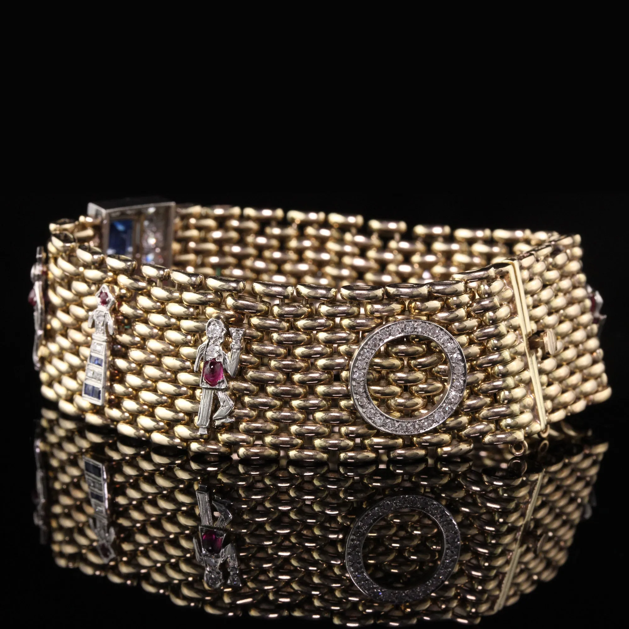 Antique Retro/Art Deco 14K Yellow Gold and Platinum Charm Bracelet