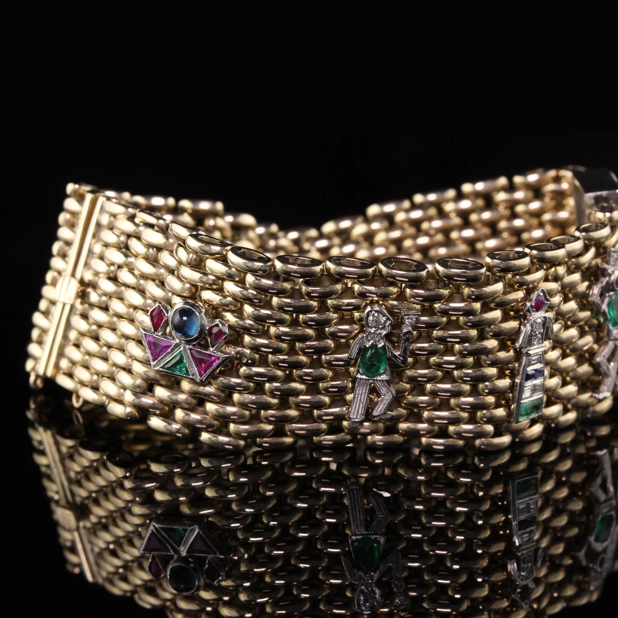 Antique Retro/Art Deco 14K Yellow Gold and Platinum Charm Bracelet