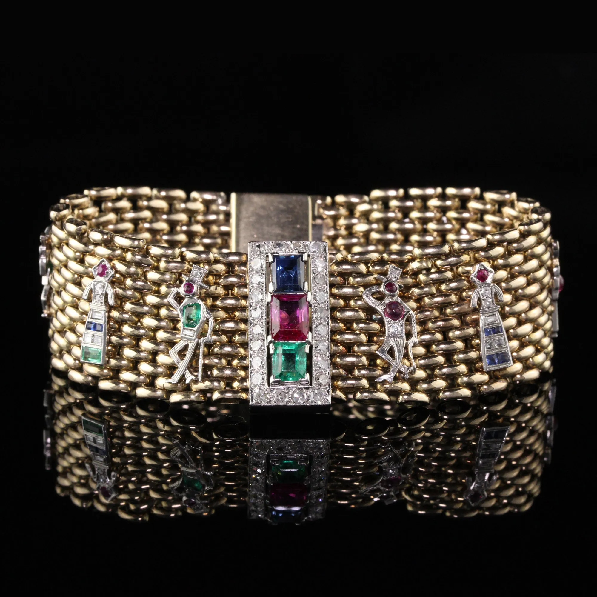 Antique Retro/Art Deco 14K Yellow Gold and Platinum Charm Bracelet