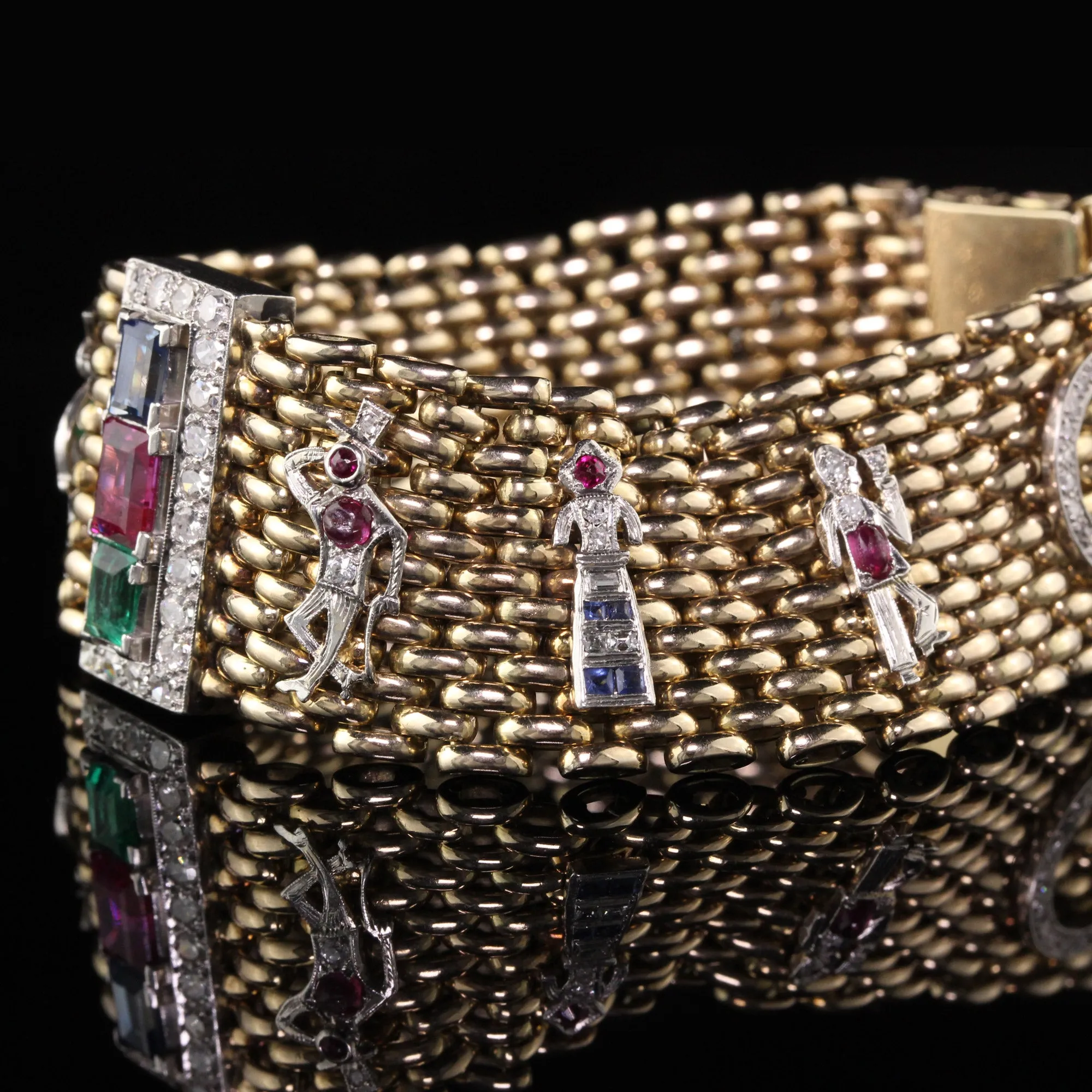 Antique Retro/Art Deco 14K Yellow Gold and Platinum Charm Bracelet