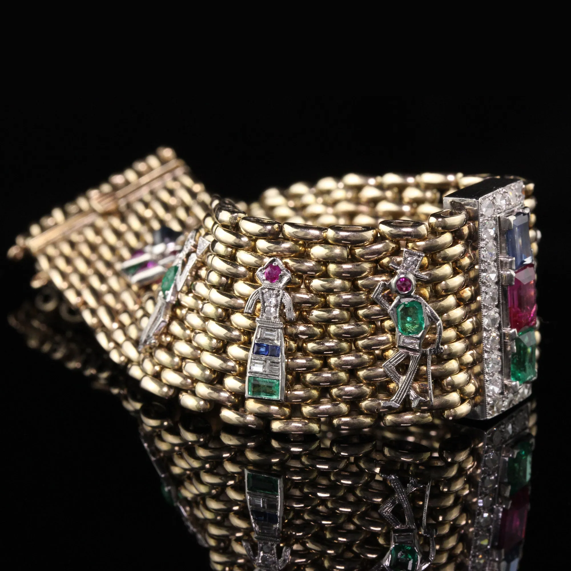 Antique Retro/Art Deco 14K Yellow Gold and Platinum Charm Bracelet