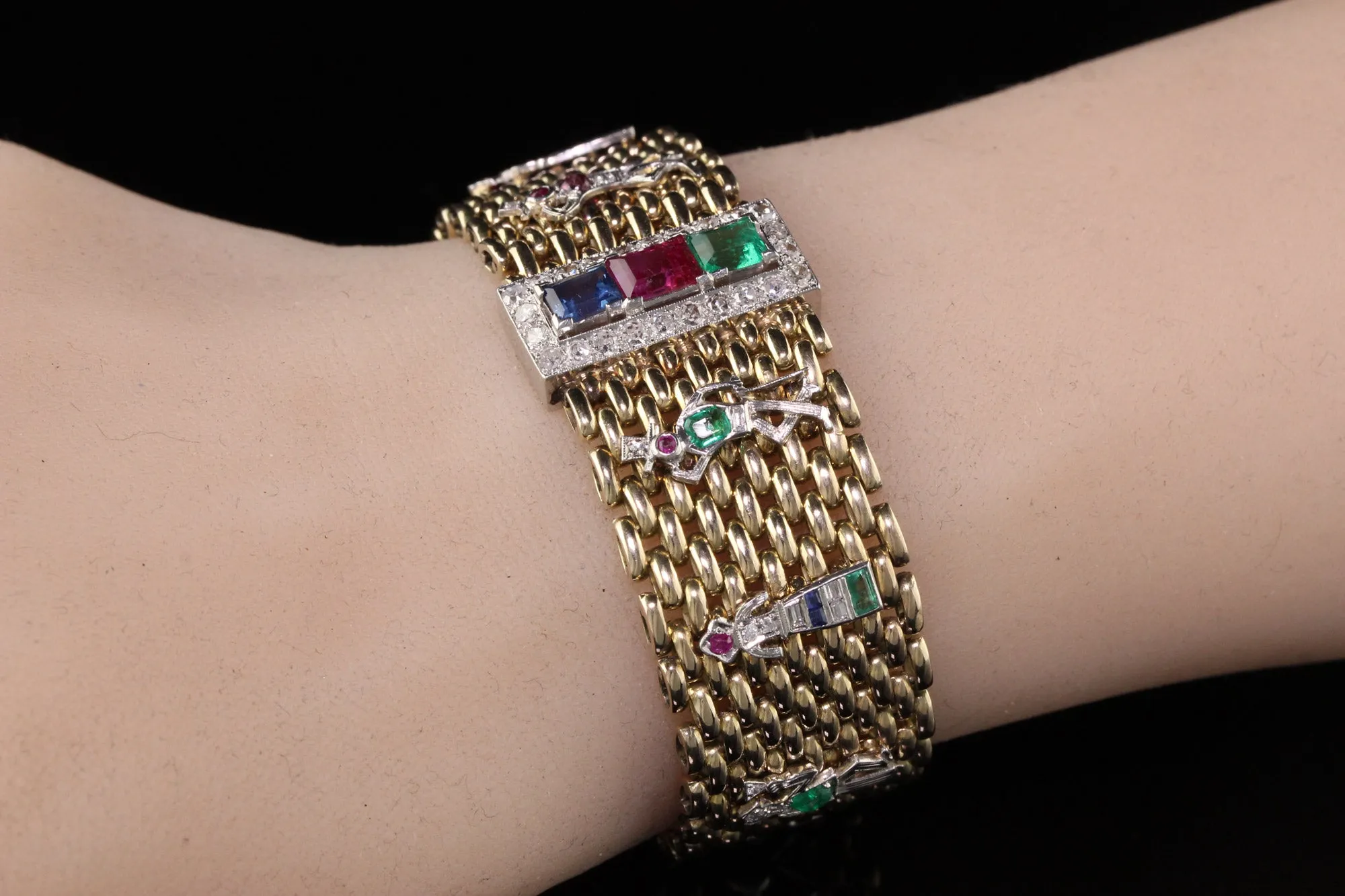 Antique Retro/Art Deco 14K Yellow Gold and Platinum Charm Bracelet