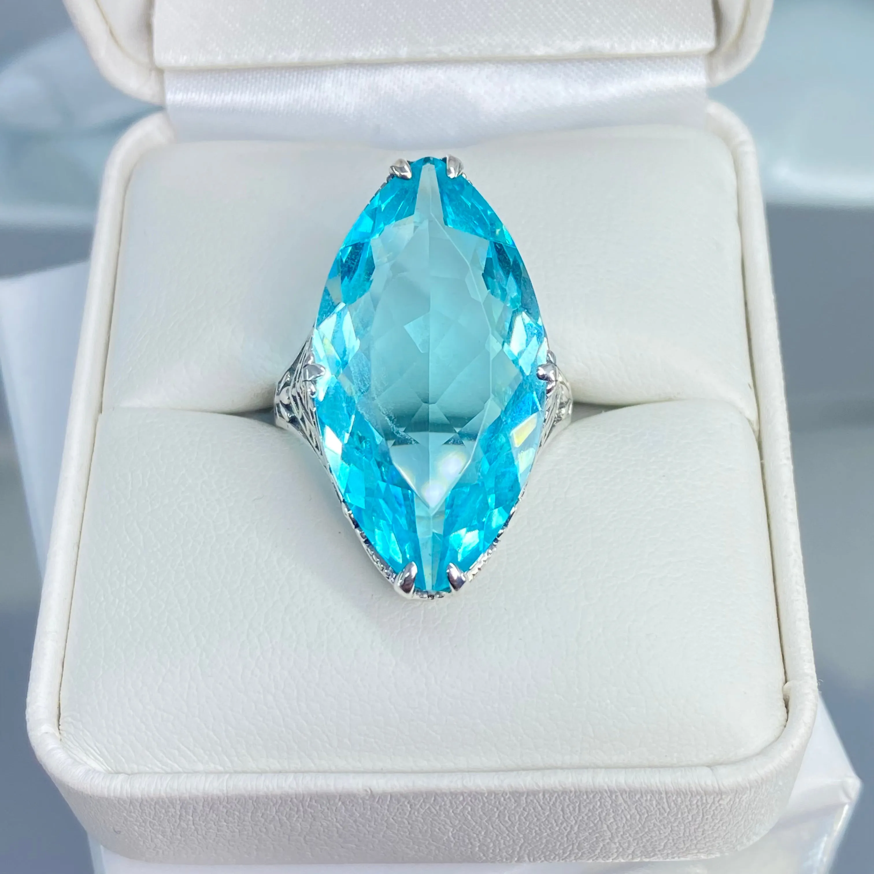Aquamarine Ring, Size 8, Marquise Cut Gemstone, Victorian Filigree Jewelry #D75 - Ready to Ship