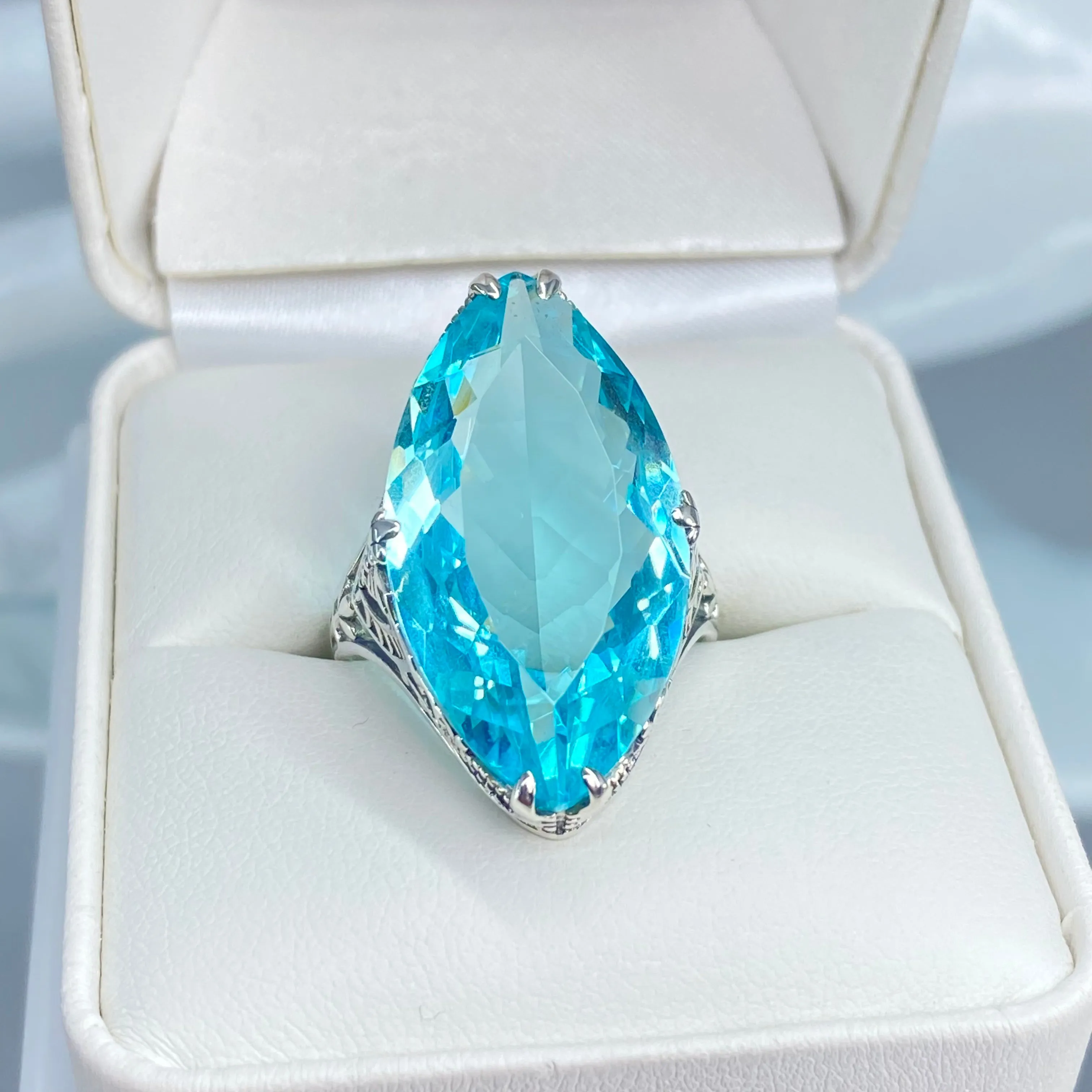 Aquamarine Ring, Size 8, Marquise Cut Gemstone, Victorian Filigree Jewelry #D75 - Ready to Ship