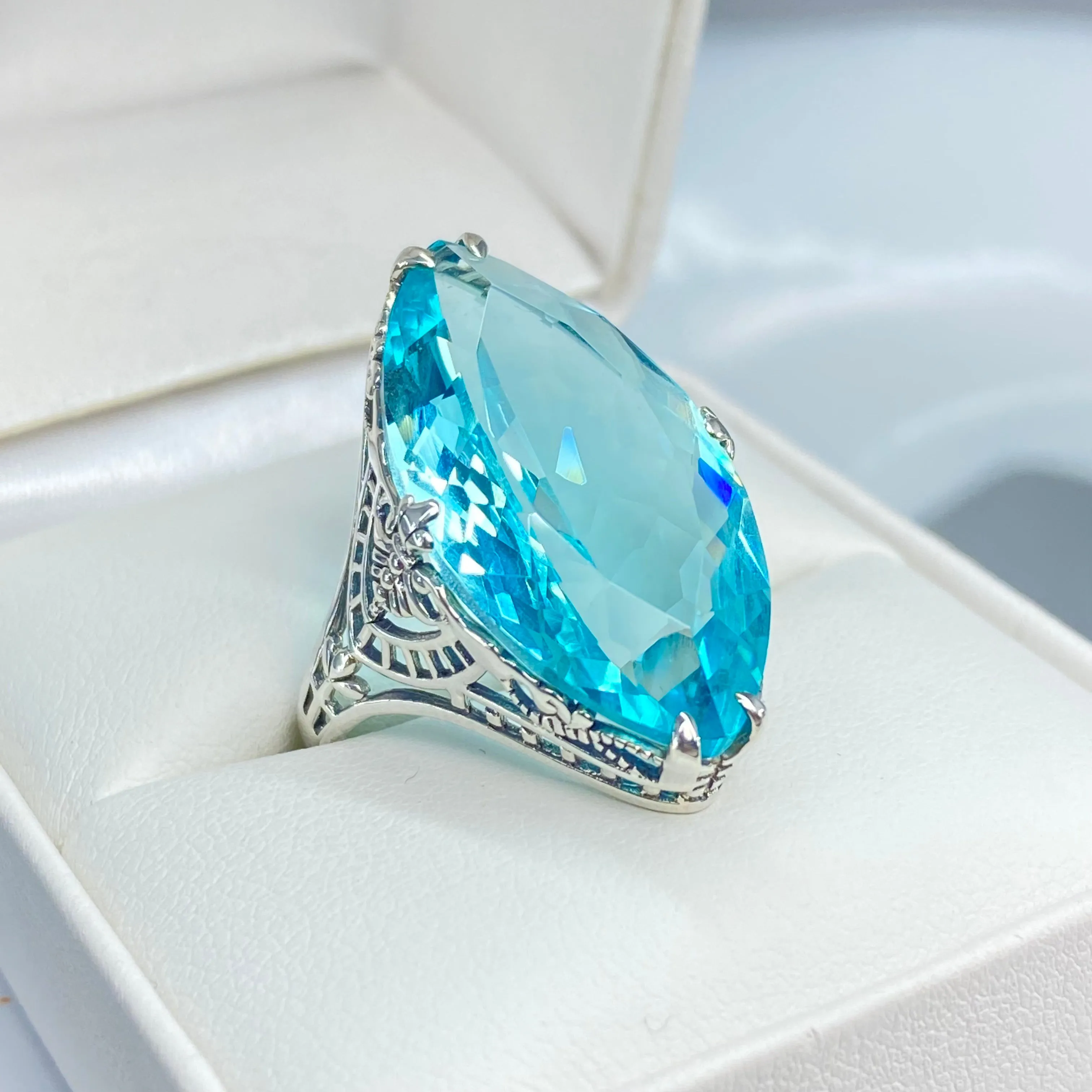 Aquamarine Ring, Size 8, Marquise Cut Gemstone, Victorian Filigree Jewelry #D75 - Ready to Ship