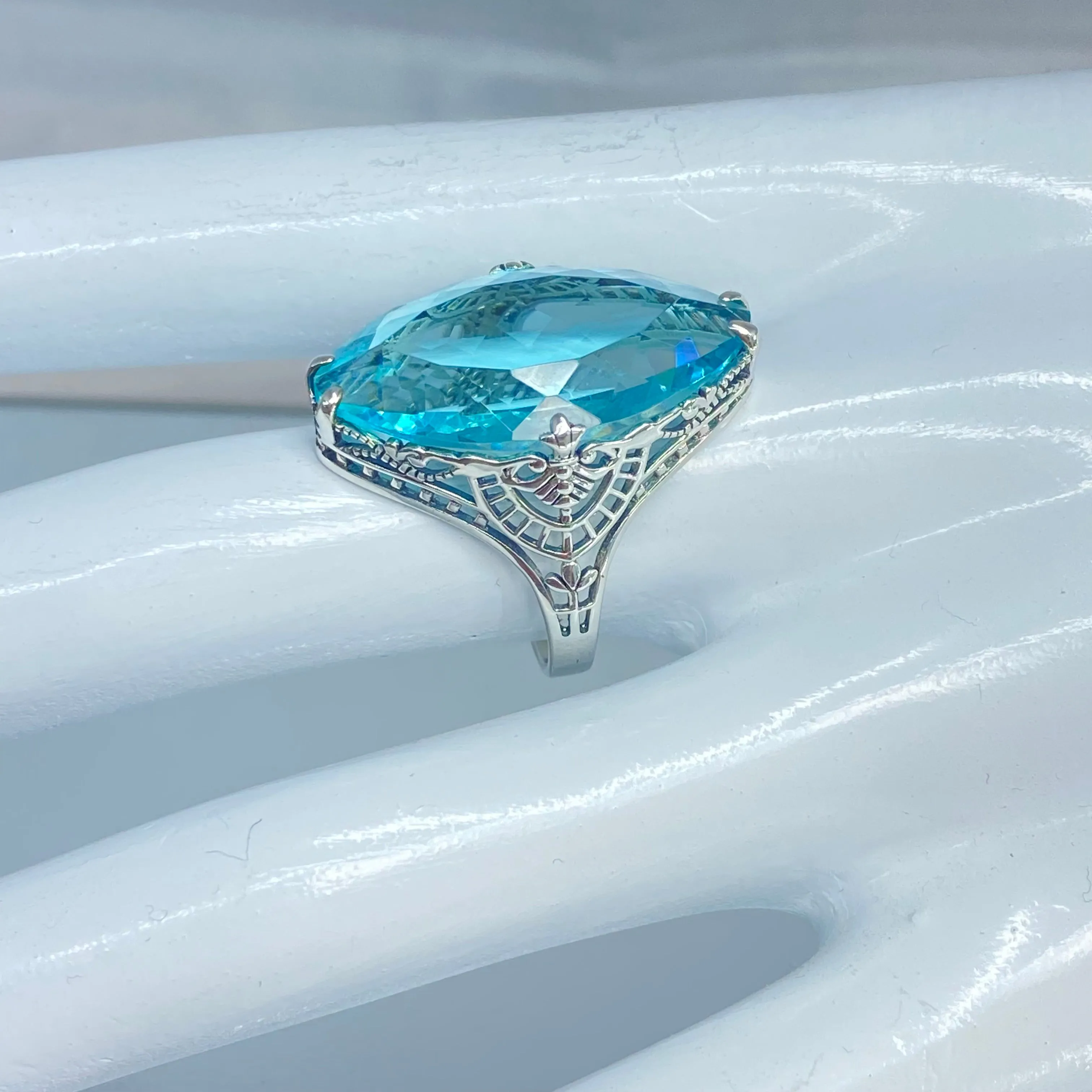 Aquamarine Ring, Size 8, Marquise Cut Gemstone, Victorian Filigree Jewelry #D75 - Ready to Ship