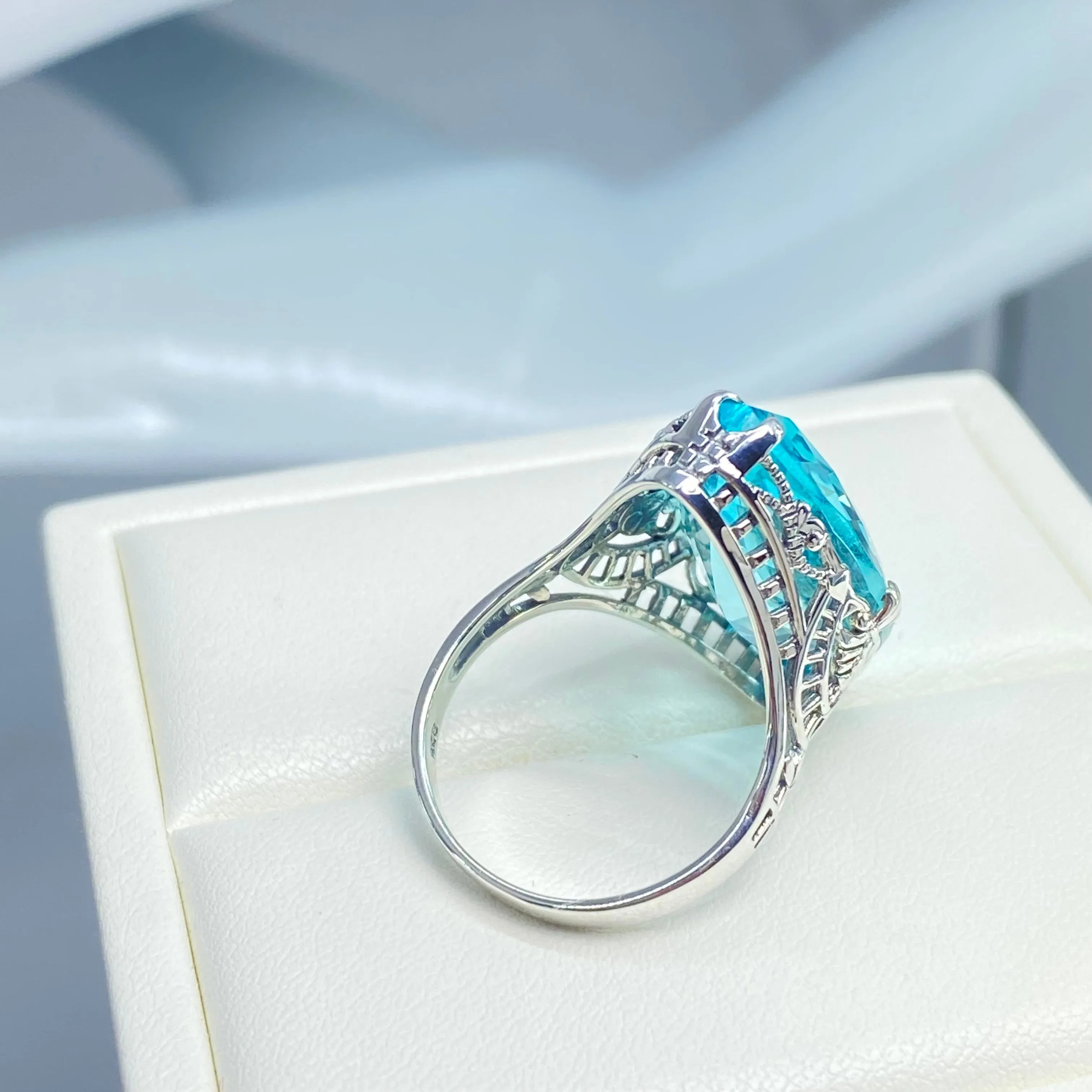 Aquamarine Ring, Size 8, Marquise Cut Gemstone, Victorian Filigree Jewelry #D75 - Ready to Ship