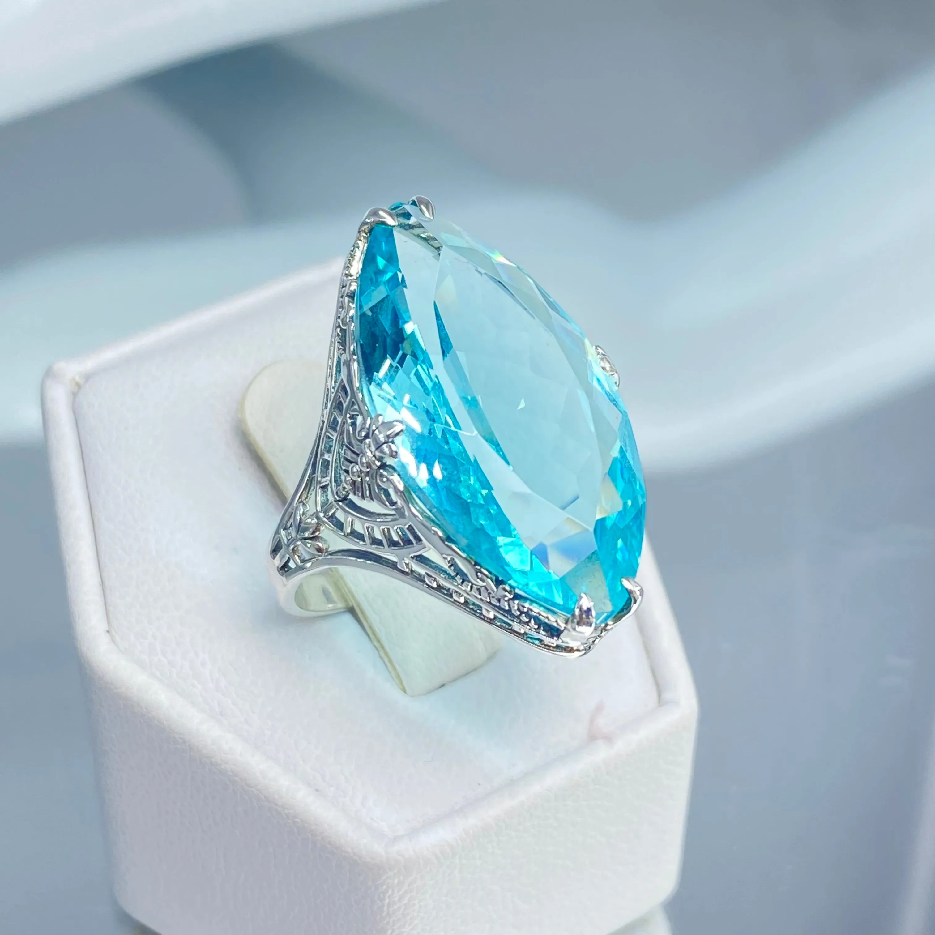 Aquamarine Ring, Size 8, Marquise Cut Gemstone, Victorian Filigree Jewelry #D75 - Ready to Ship