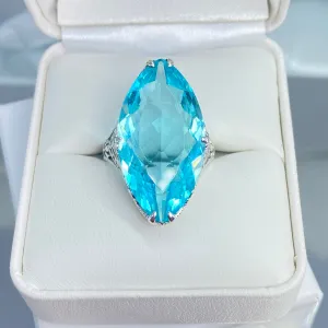 Aquamarine Ring, Size 8, Marquise Cut Gemstone, Victorian Filigree Jewelry #D75 - Ready to Ship