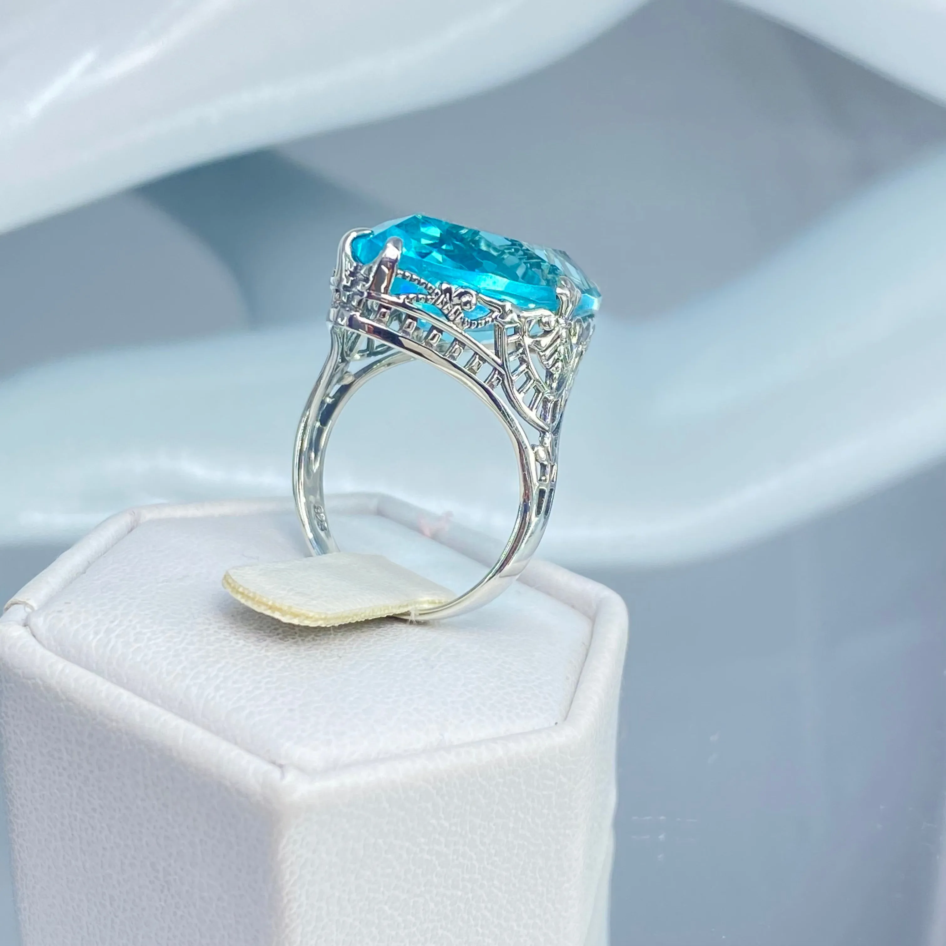 Aquamarine Ring, Size 8, Marquise Cut Gemstone, Victorian Filigree Jewelry #D75 - Ready to Ship