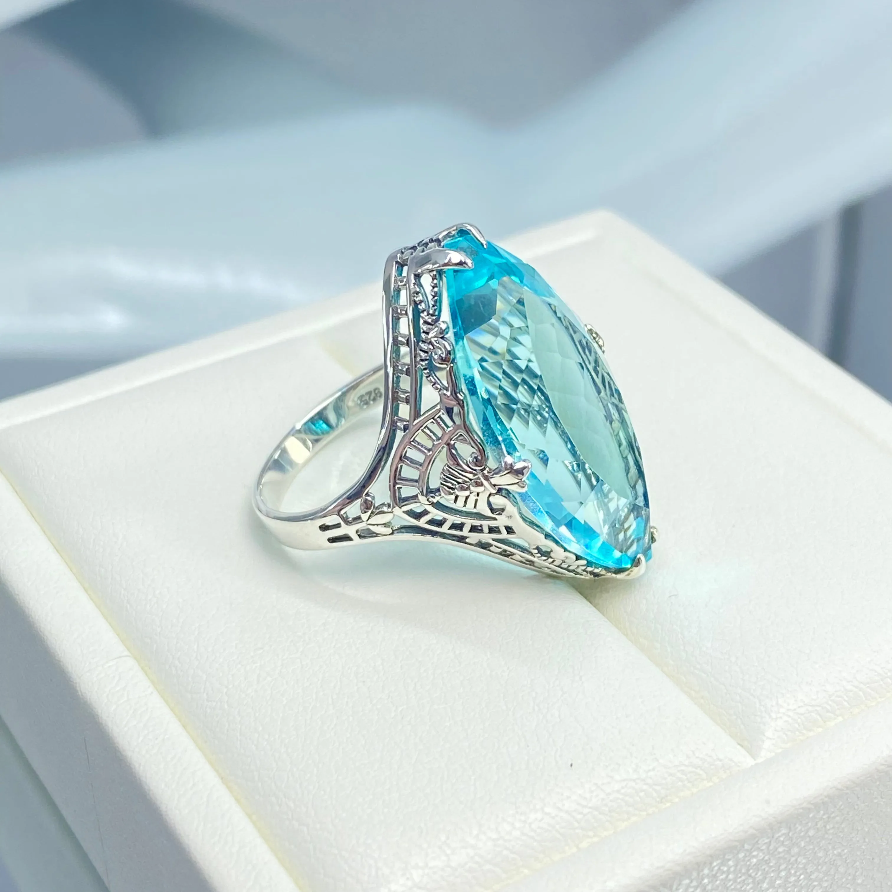 Aquamarine Ring, Size 8, Marquise Cut Gemstone, Victorian Filigree Jewelry #D75 - Ready to Ship