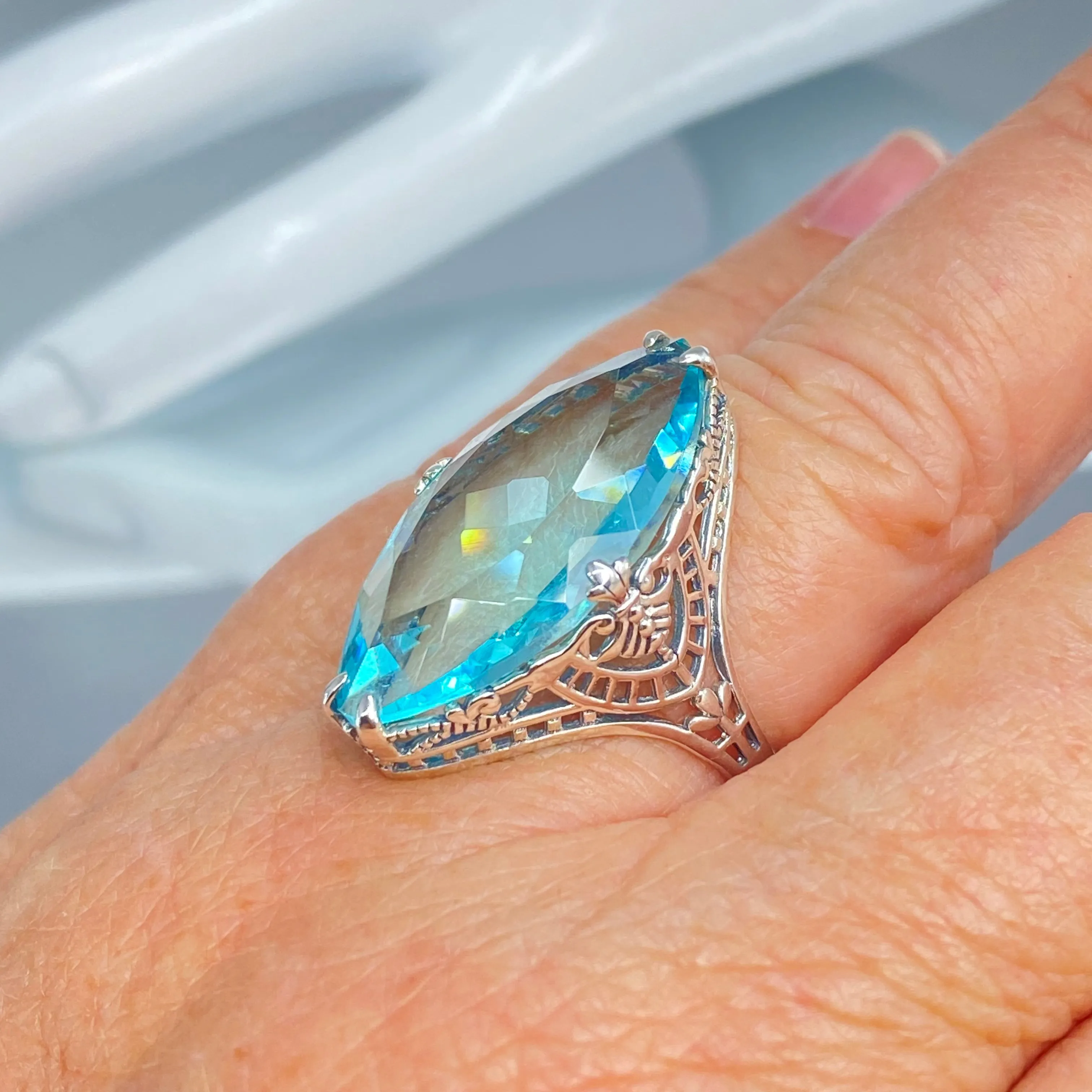 Aquamarine Ring, Size 8, Marquise Cut Gemstone, Victorian Filigree Jewelry #D75 - Ready to Ship