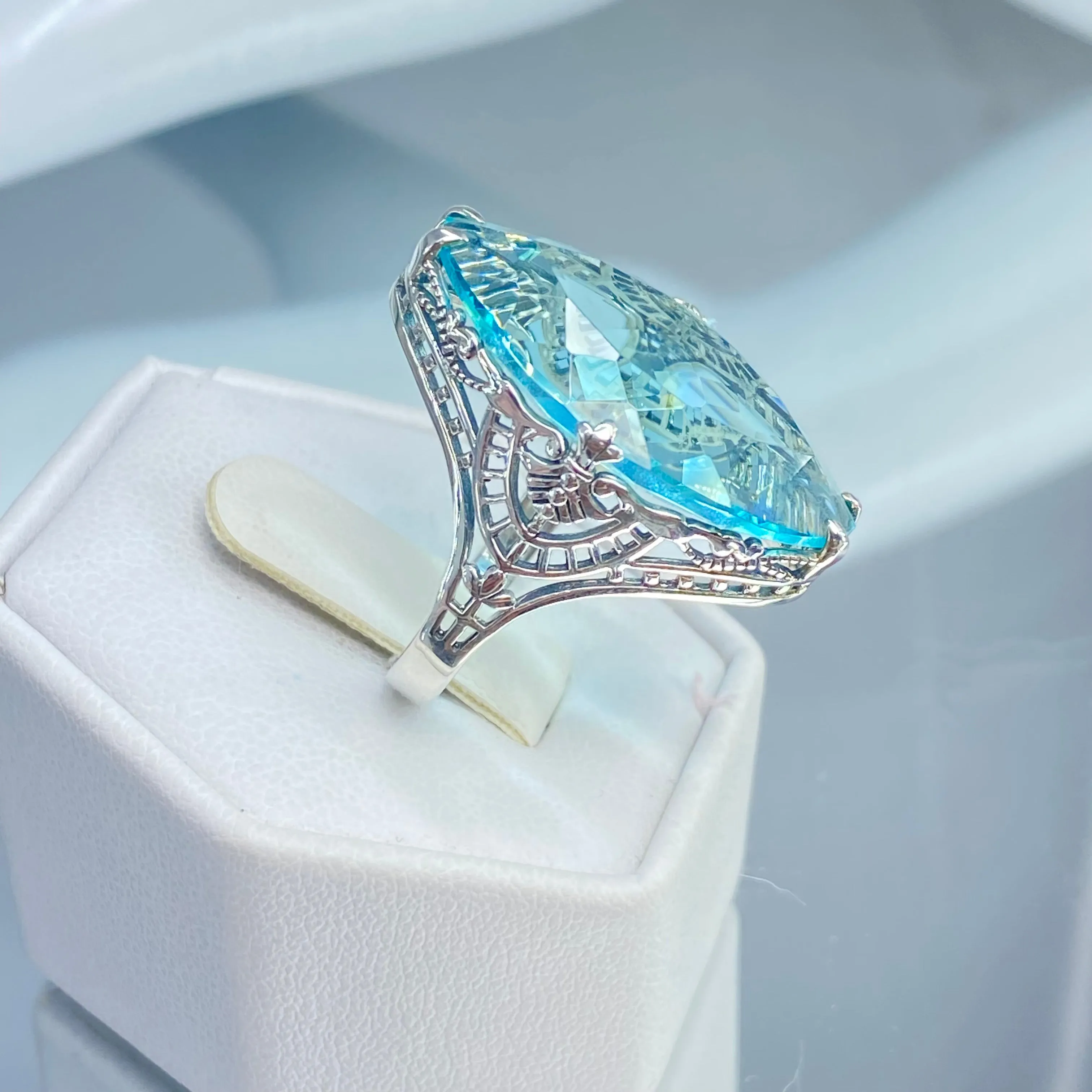 Aquamarine Ring, Size 8, Marquise Cut Gemstone, Victorian Filigree Jewelry #D75 - Ready to Ship