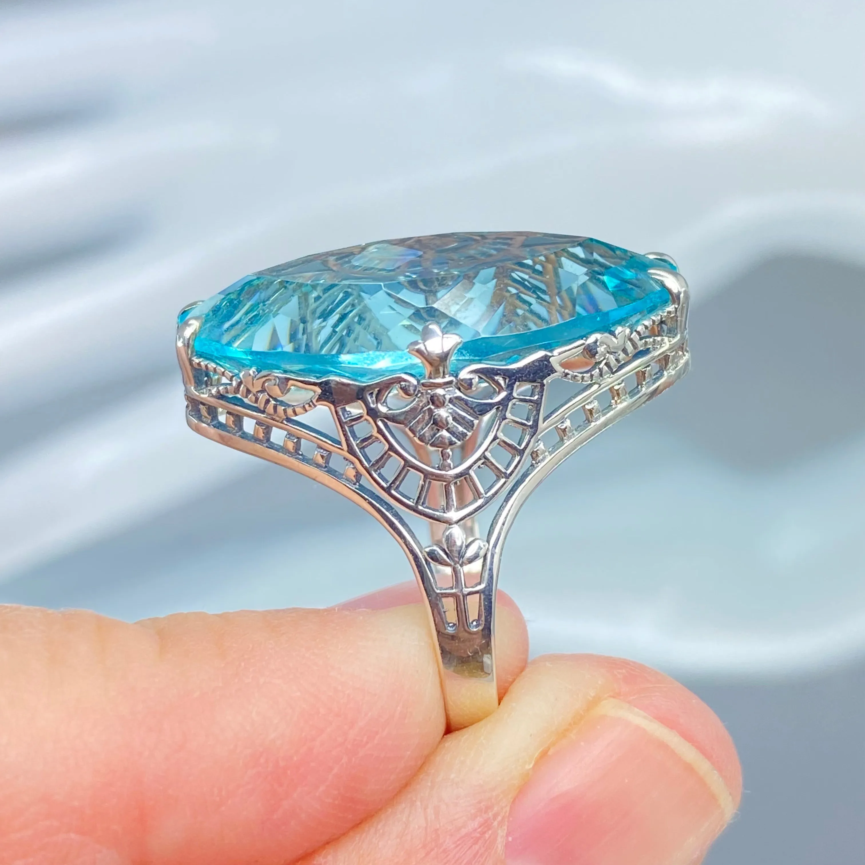 Aquamarine Ring, Size 8, Marquise Cut Gemstone, Victorian Filigree Jewelry #D75 - Ready to Ship