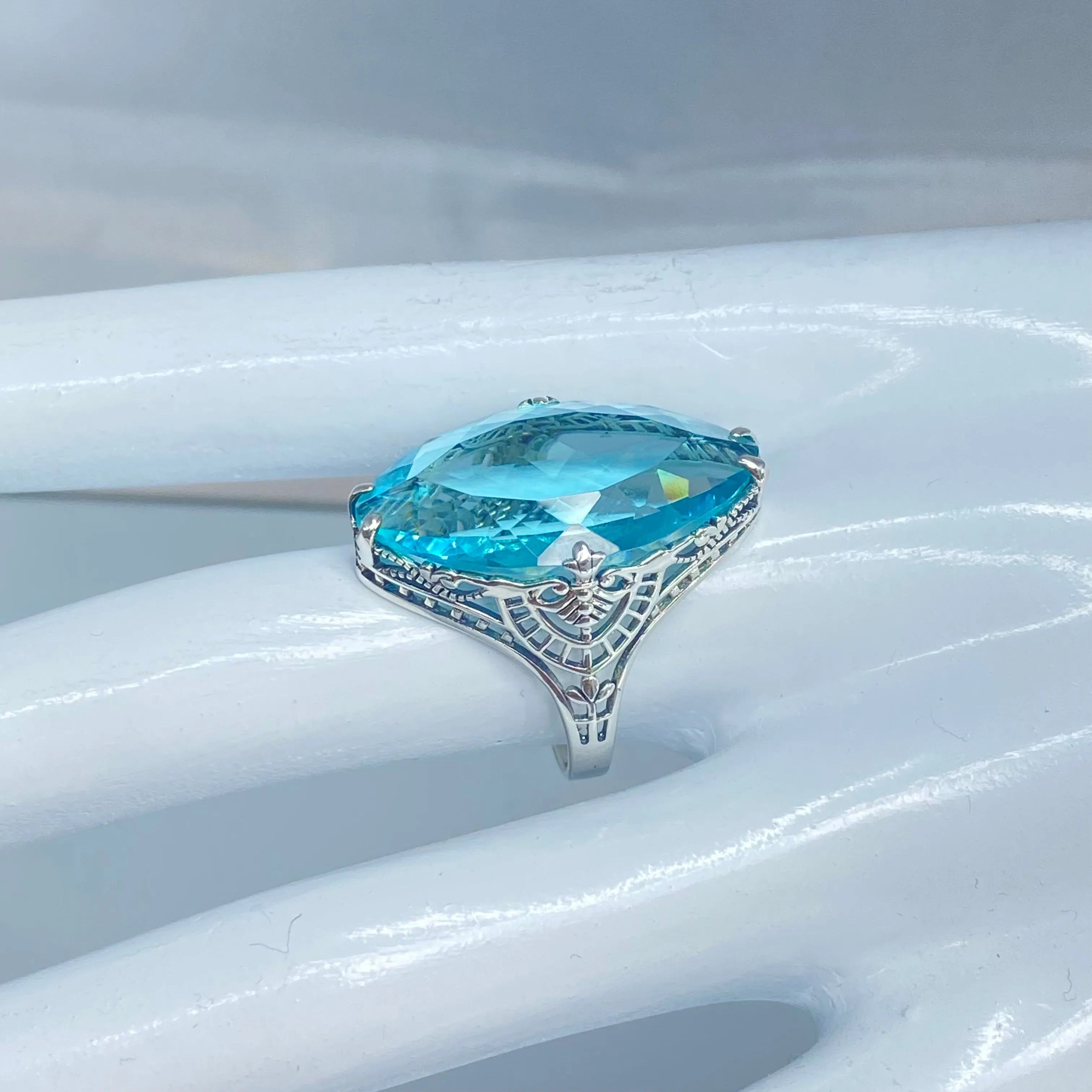 Aquamarine Ring, Size 8, Marquise Cut Gemstone, Victorian Filigree Jewelry #D75 - Ready to Ship