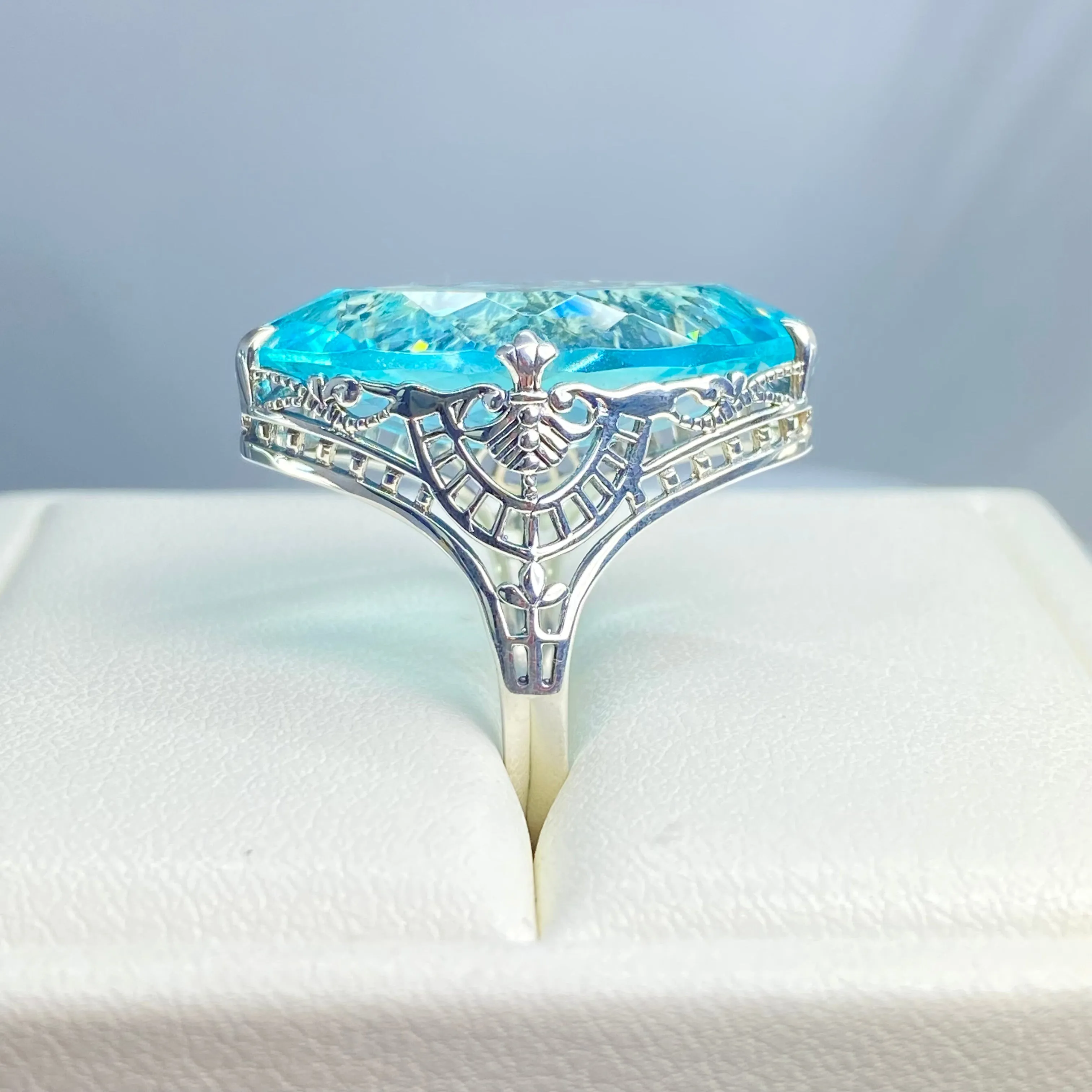 Aquamarine Ring, Size 8, Marquise Cut Gemstone, Victorian Filigree Jewelry #D75 - Ready to Ship
