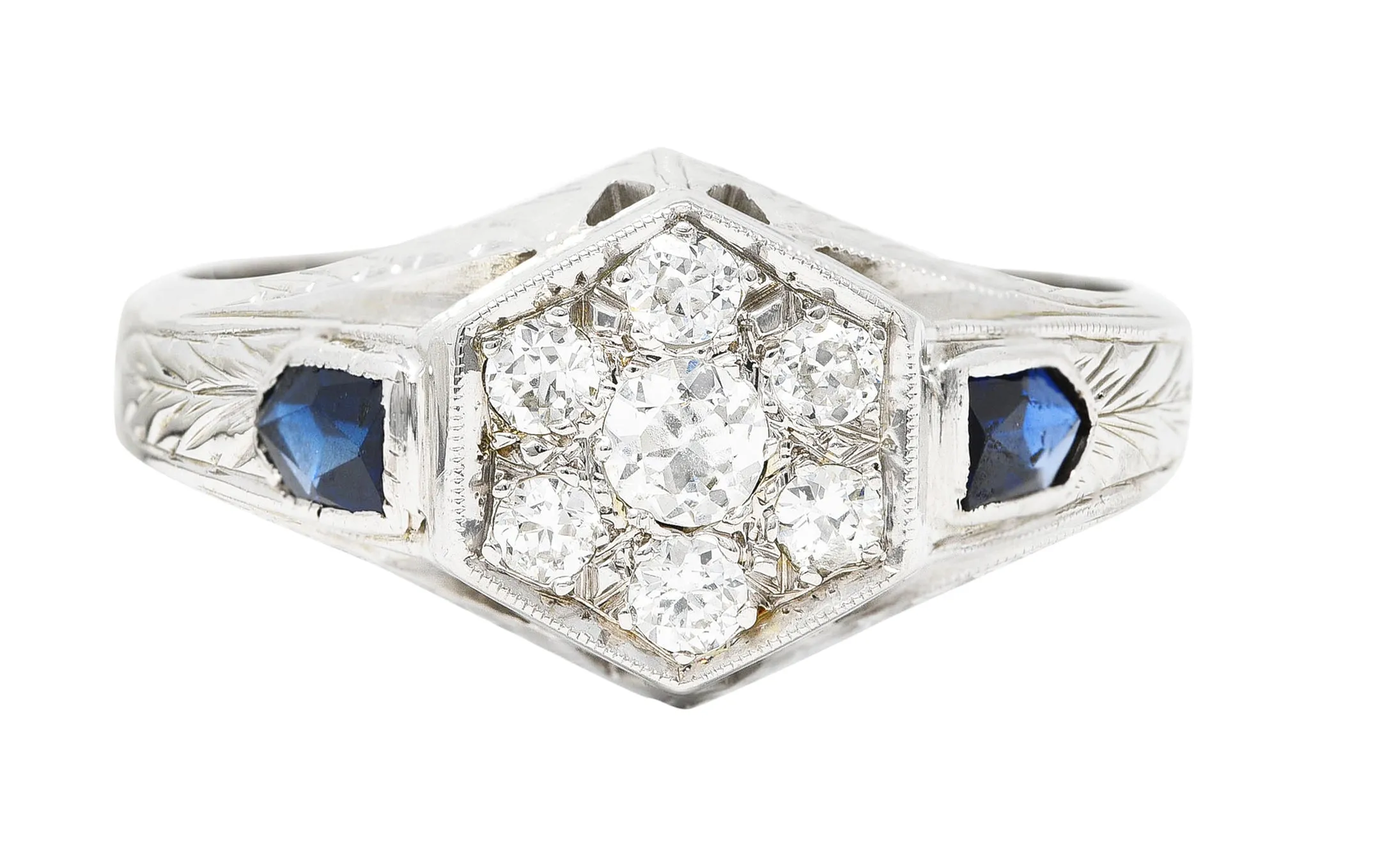 Art Deco 0.45 CTW Old European Sapphire 20 Karat White Gold Foliate Cluster Unisex Signet Ring