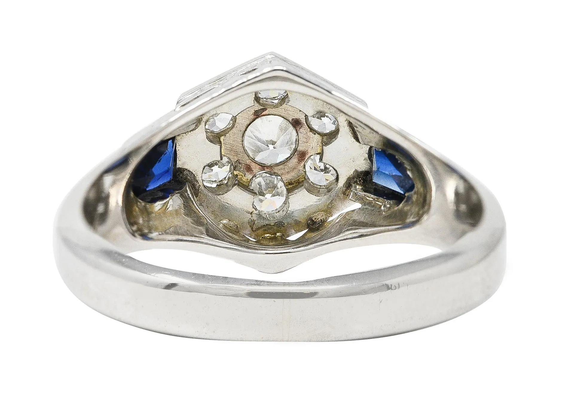 Art Deco 0.45 CTW Old European Sapphire 20 Karat White Gold Foliate Cluster Unisex Signet Ring