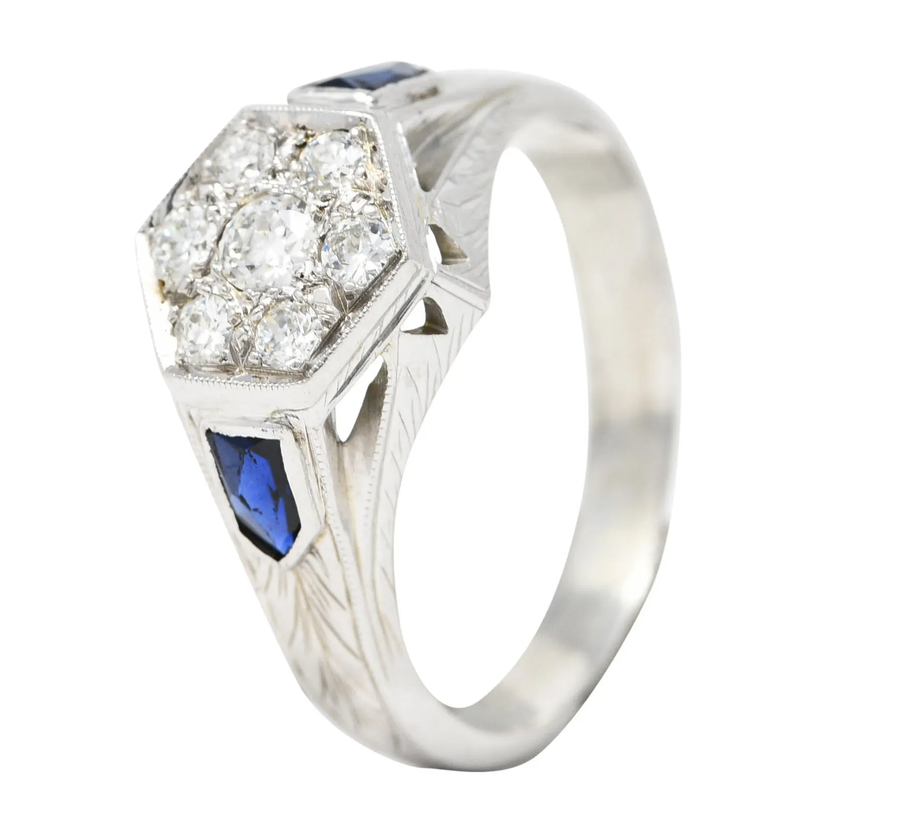 Art Deco 0.45 CTW Old European Sapphire 20 Karat White Gold Foliate Cluster Unisex Signet Ring