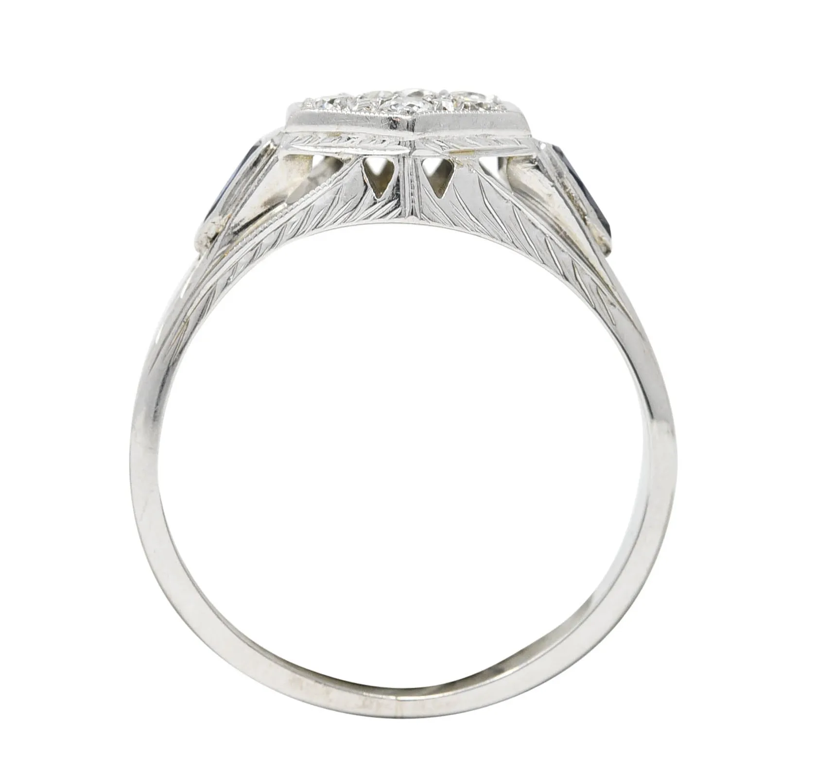 Art Deco 0.45 CTW Old European Sapphire 20 Karat White Gold Foliate Cluster Unisex Signet Ring
