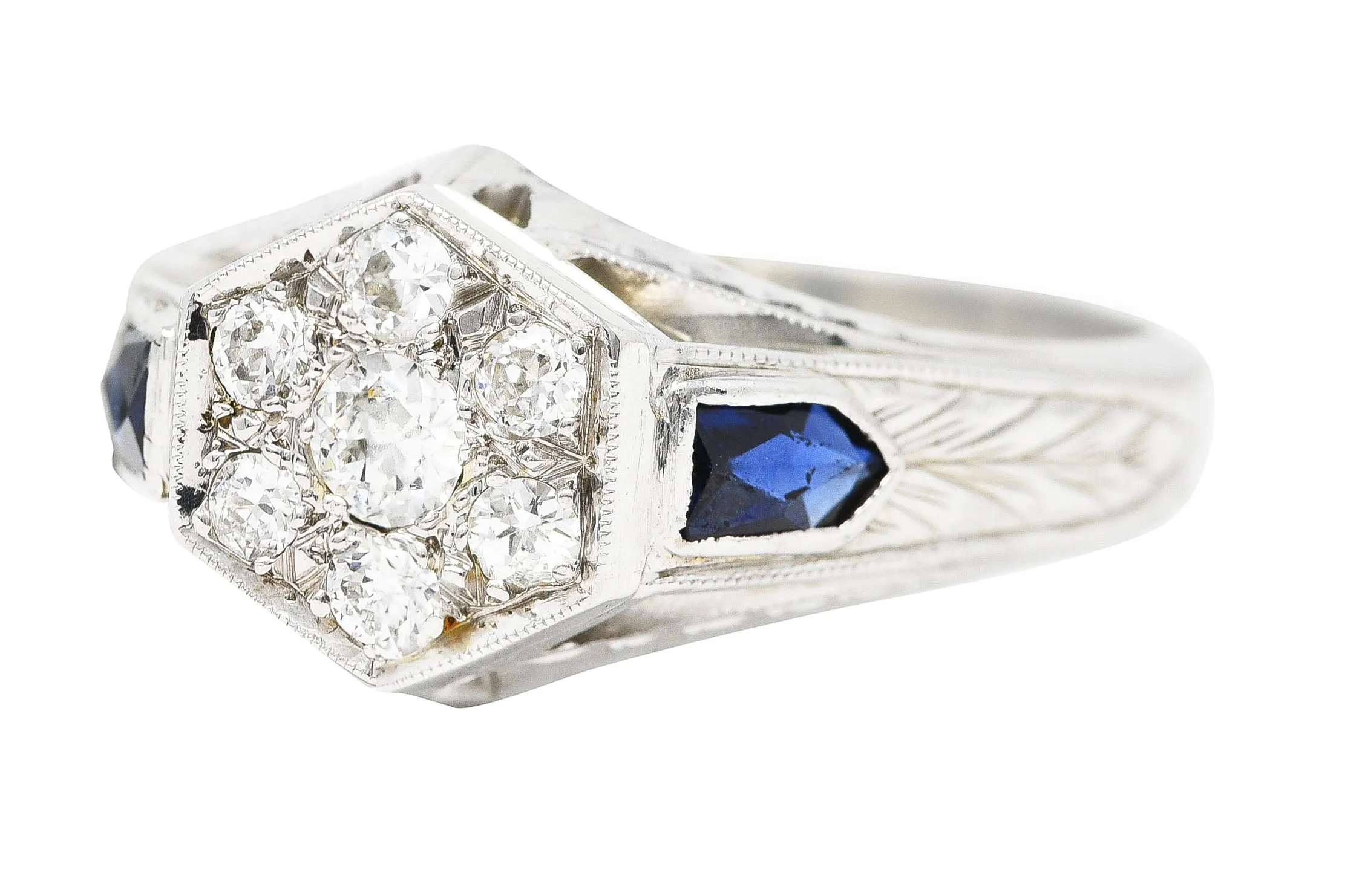 Art Deco 0.45 CTW Old European Sapphire 20 Karat White Gold Foliate Cluster Unisex Signet Ring