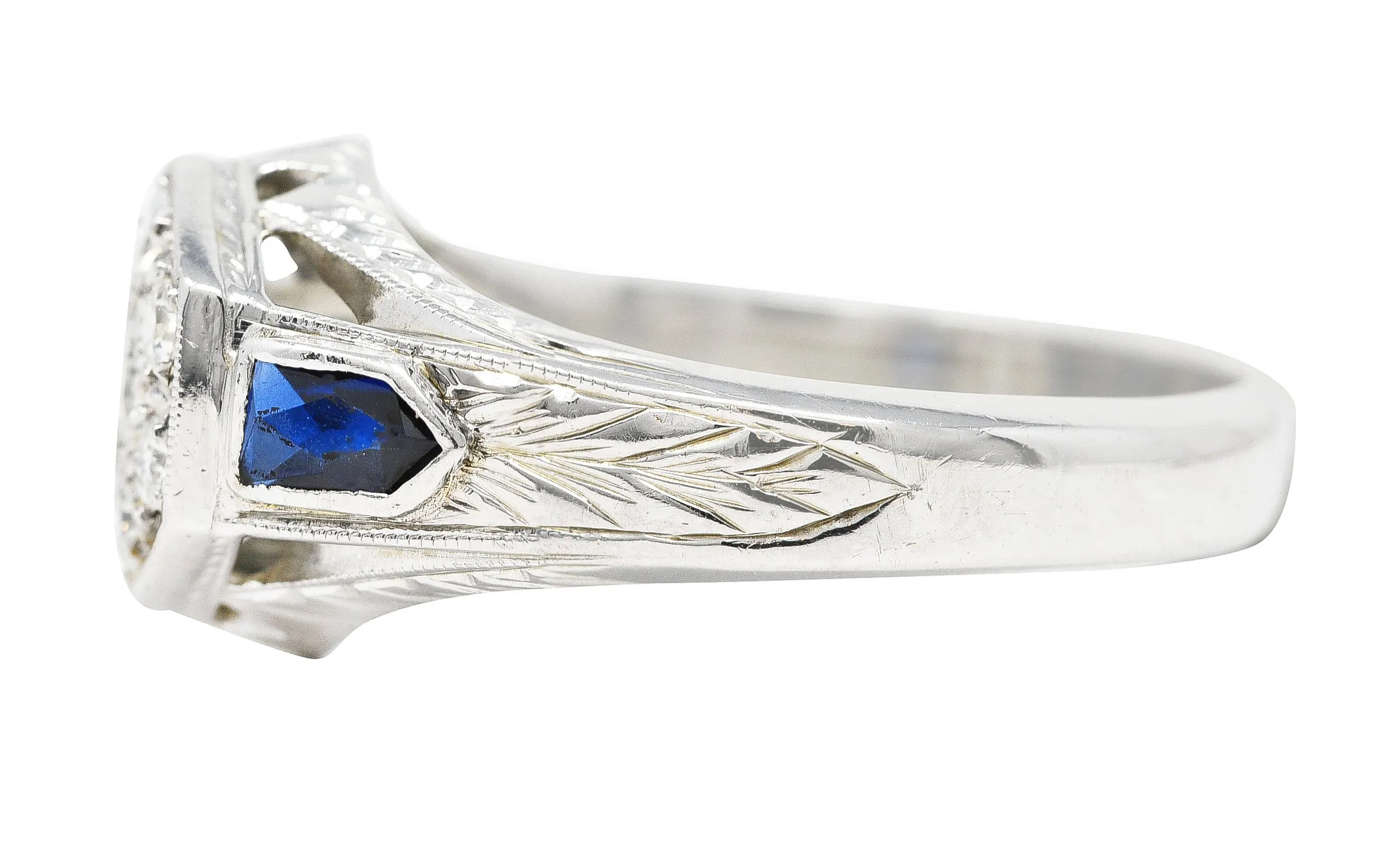 Art Deco 0.45 CTW Old European Sapphire 20 Karat White Gold Foliate Cluster Unisex Signet Ring