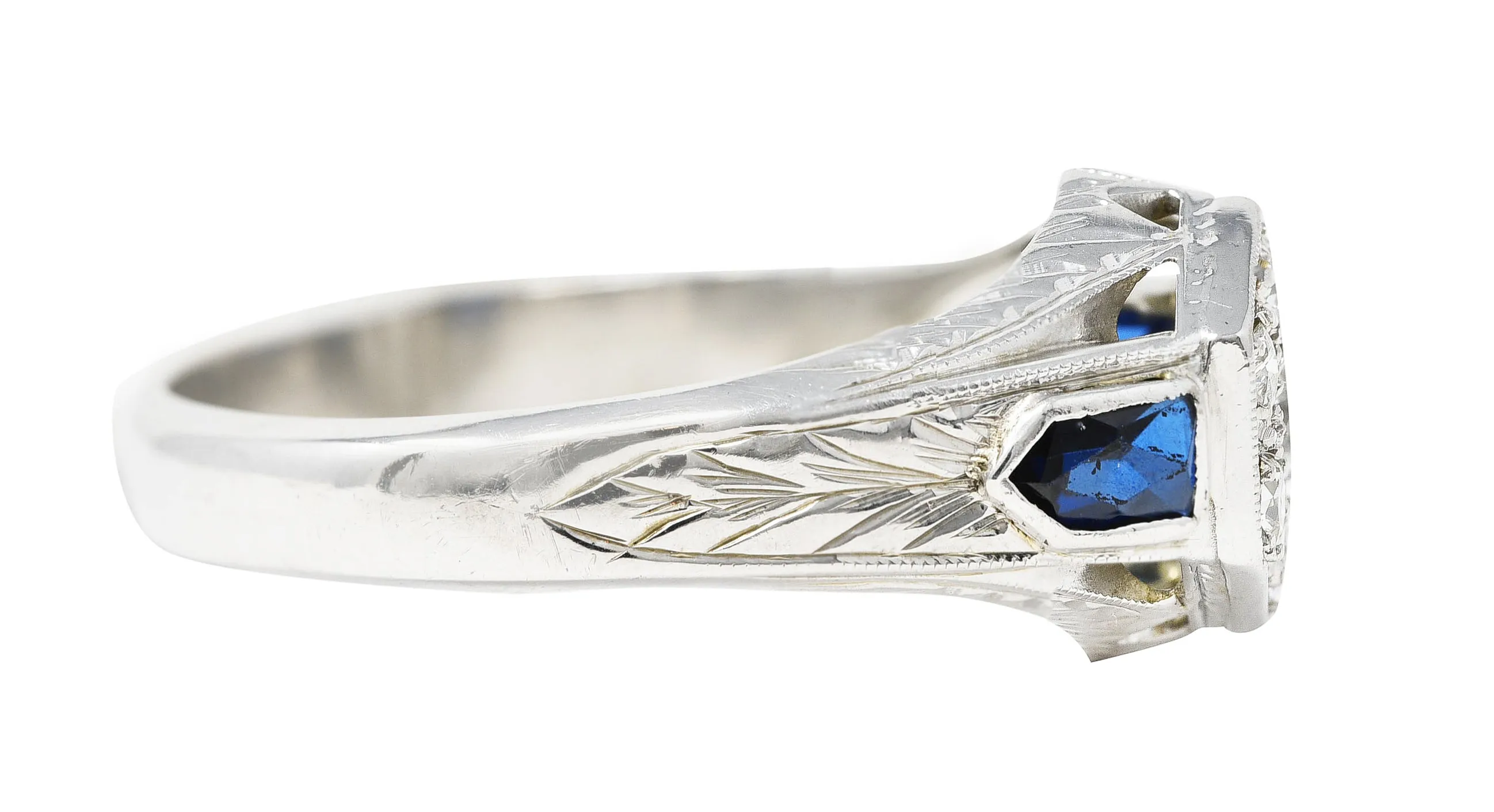 Art Deco 0.45 CTW Old European Sapphire 20 Karat White Gold Foliate Cluster Unisex Signet Ring