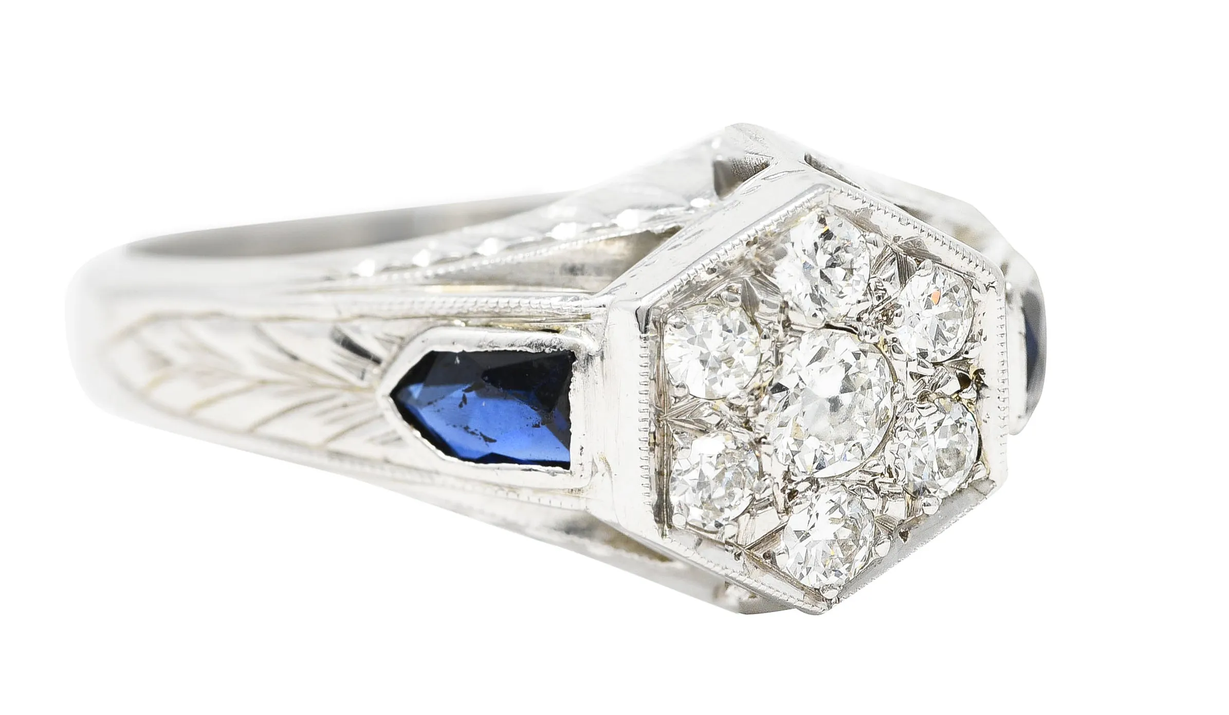 Art Deco 0.45 CTW Old European Sapphire 20 Karat White Gold Foliate Cluster Unisex Signet Ring