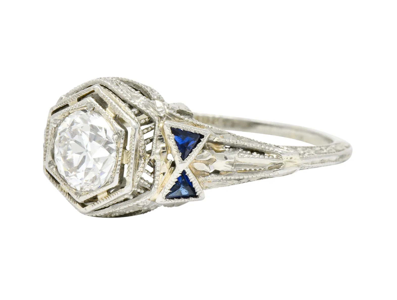 Art Deco 0.65 CTW Diamond Sapphire 18 Karat White Gold Engagement Ring
