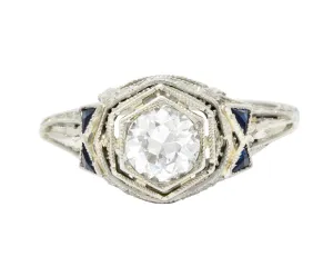 Art Deco 0.65 CTW Diamond Sapphire 18 Karat White Gold Engagement Ring