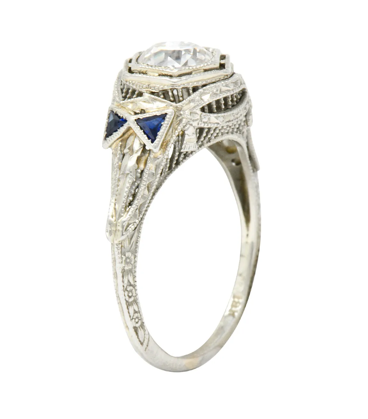 Art Deco 0.65 CTW Diamond Sapphire 18 Karat White Gold Engagement Ring