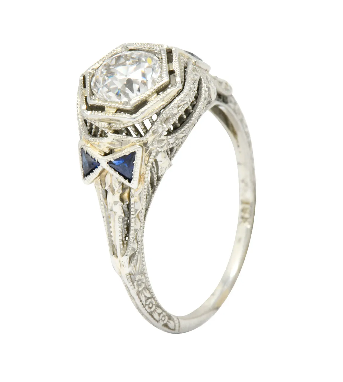 Art Deco 0.65 CTW Diamond Sapphire 18 Karat White Gold Engagement Ring